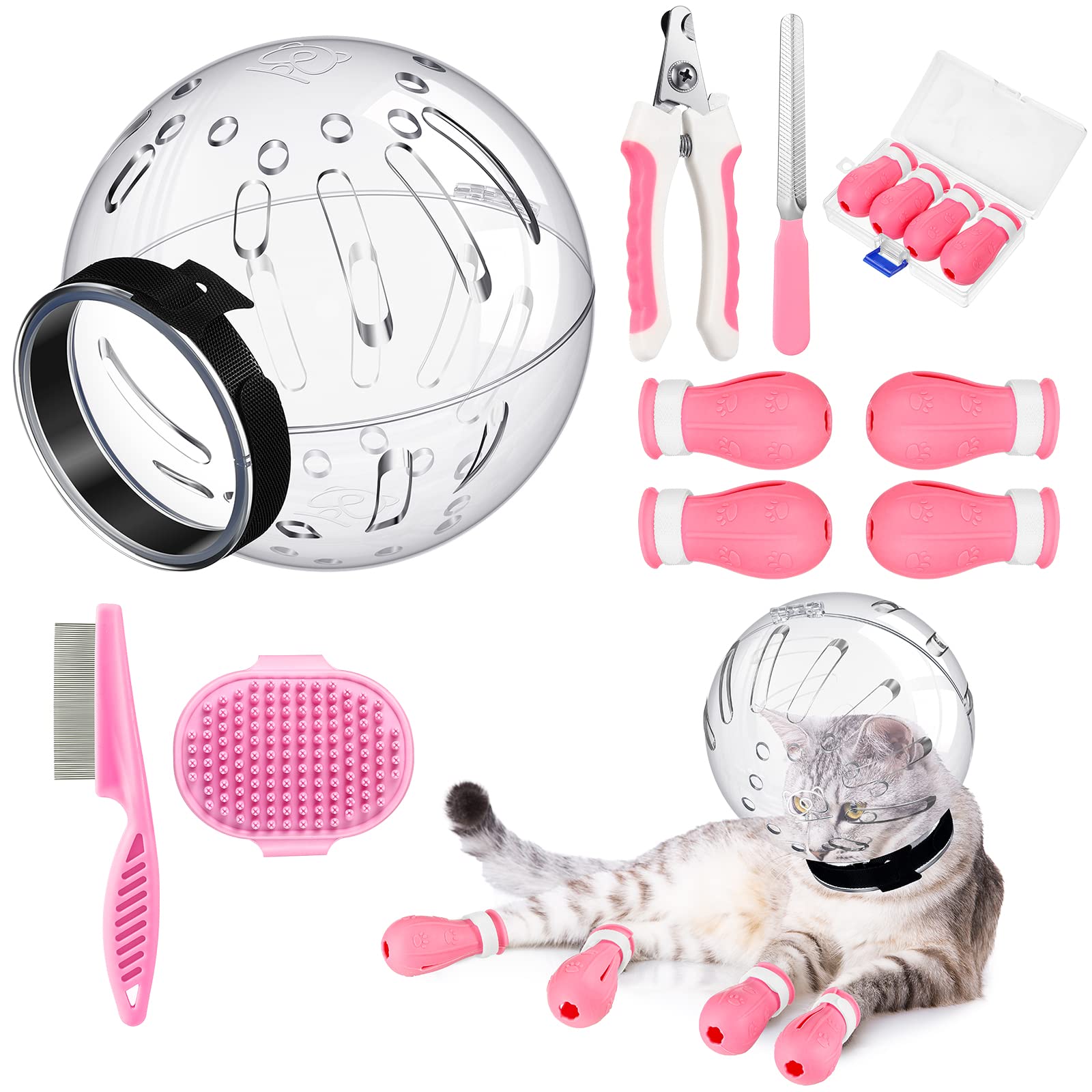 Muselière pour Chat avec Capuche réglable avec Couvre-Pattes, Coupe-Ongles, Brosse Anti-tiques, Outil Anti-Morsure, Anti-Morsure et Anti-Rayures, Bottes pour Chat, se Baigner, se raser