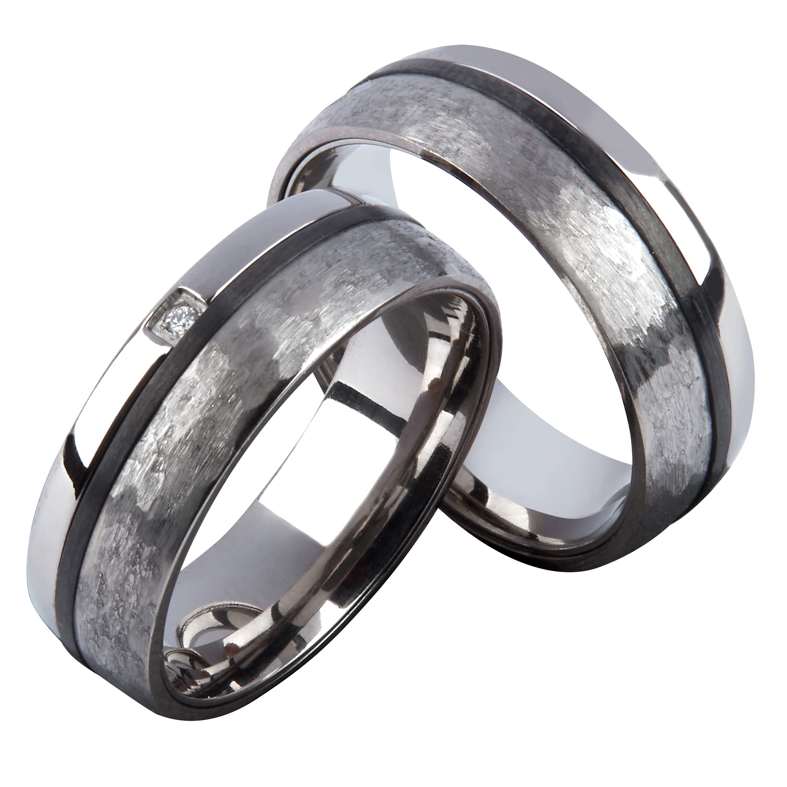 Paar Partnerringe & Eheringe aus Titan Carbon – 7 mm Ringpaar mit wählbaren Diamanten (1, 3 oder 5 × 0,008 ct W-SI), Trauringe für Sie und Ihn mit Gravur und Etui | 9040