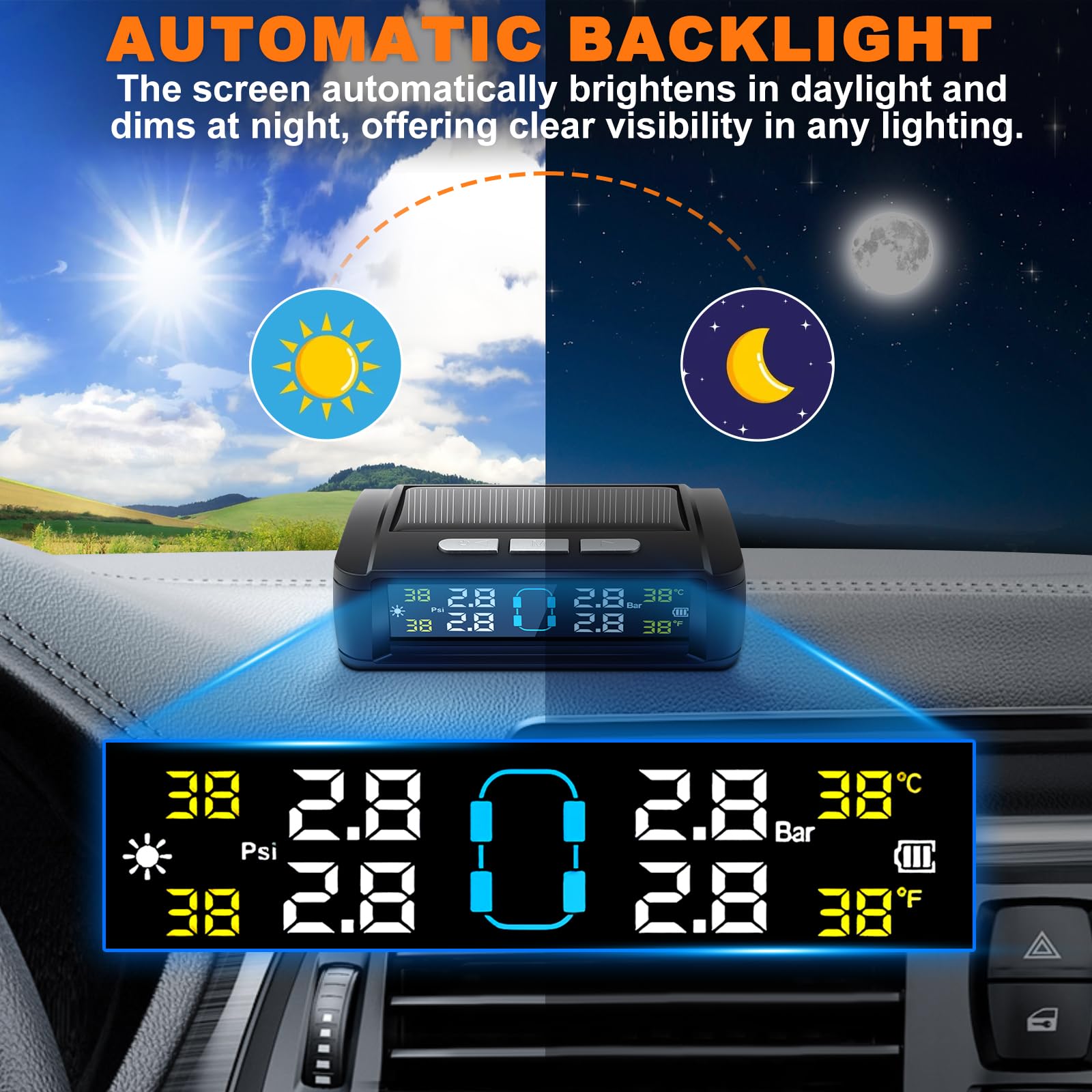 0-6 bar Sistema di Monitoraggio della Pressione dei Pneumatici TPMS con 4 Gomme Sensore Esterni degli Pneumatici 5 Modalità di Allarme, Universale ad Energia Solare per Auto SUV Caravan