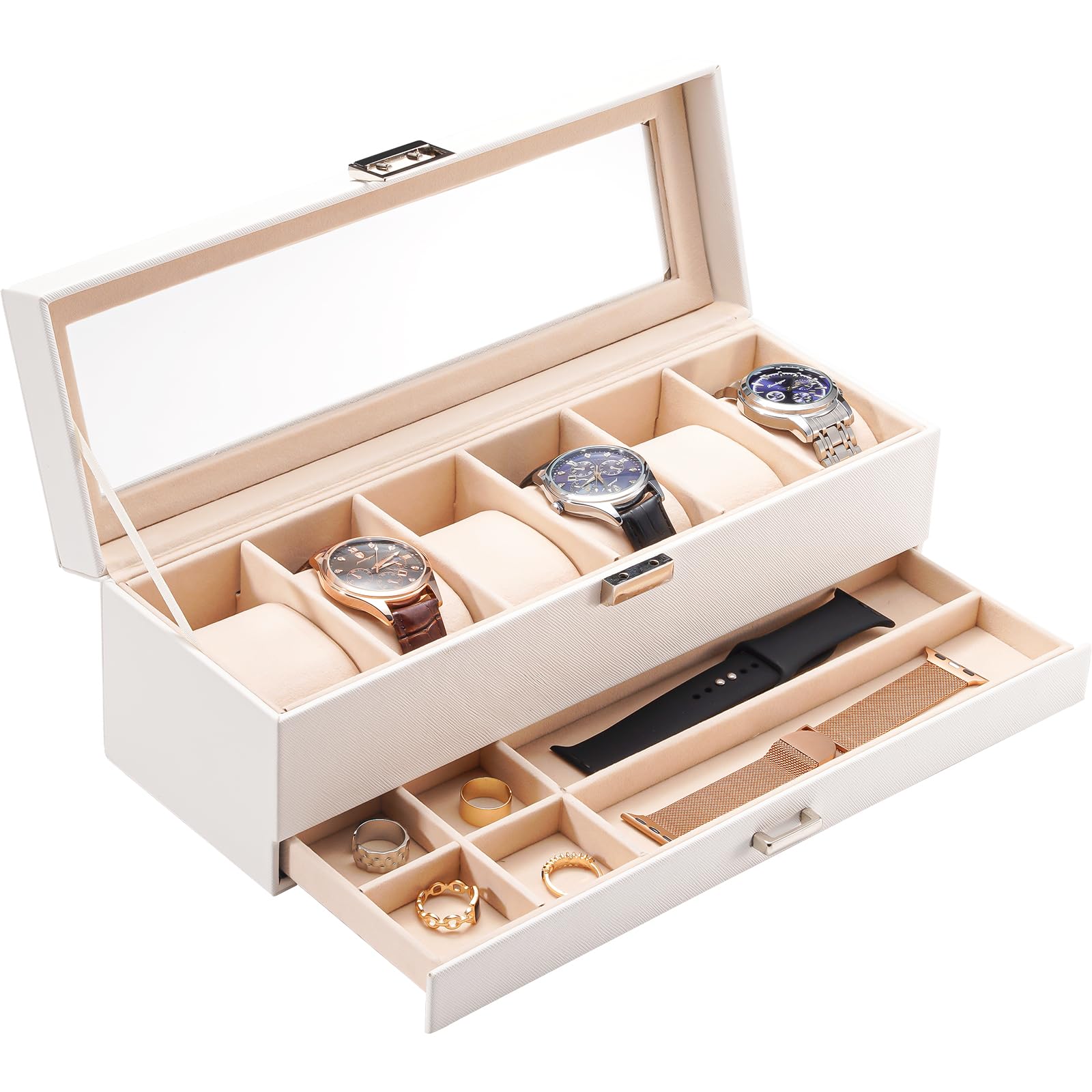 HVMBEUGOS Watch Box for Men, 6 Slot Watch Display Case with Drawer, Mens Watch Case With Glass Lid, 2-Layer Jewelry and Watch Storage Watch Holder Organizer for Men Women -6 Slot, White