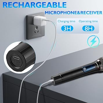 Karaoke Wireless Microphones for Singing with Auto 2.4GHz Stable Reception | Rechargeable 2 Pcs Metal Microphones with 300FT Extra Long Distance Professional Cordless Microphone for DJ Church Classroom