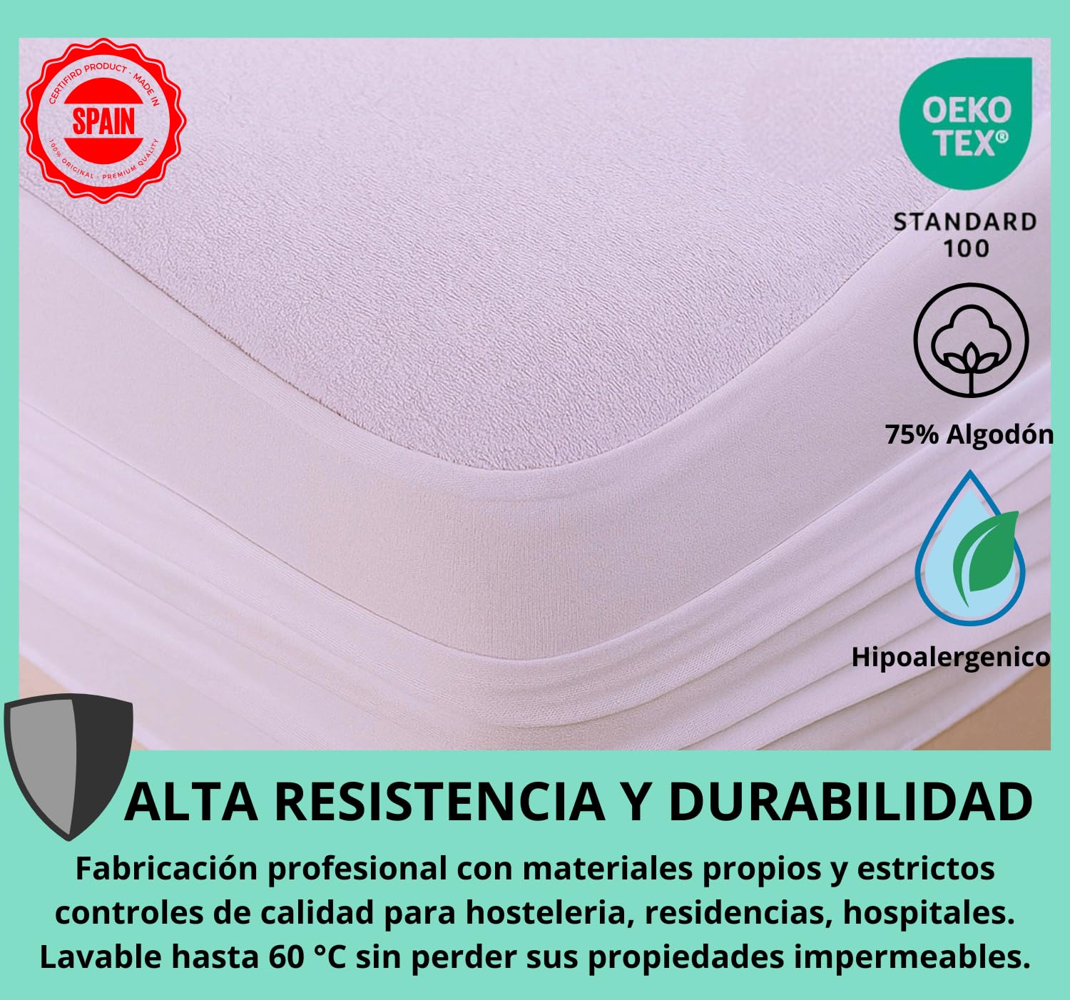 HaraDeco Protector Colchón Hotelero Rizo Algodón Sin Ruido Oeko-Tex® | Silencioso, Transpirable Impermeable, Hipoalergénico y Antiácaros, Resistente Fabricado en España para Uso Profesional