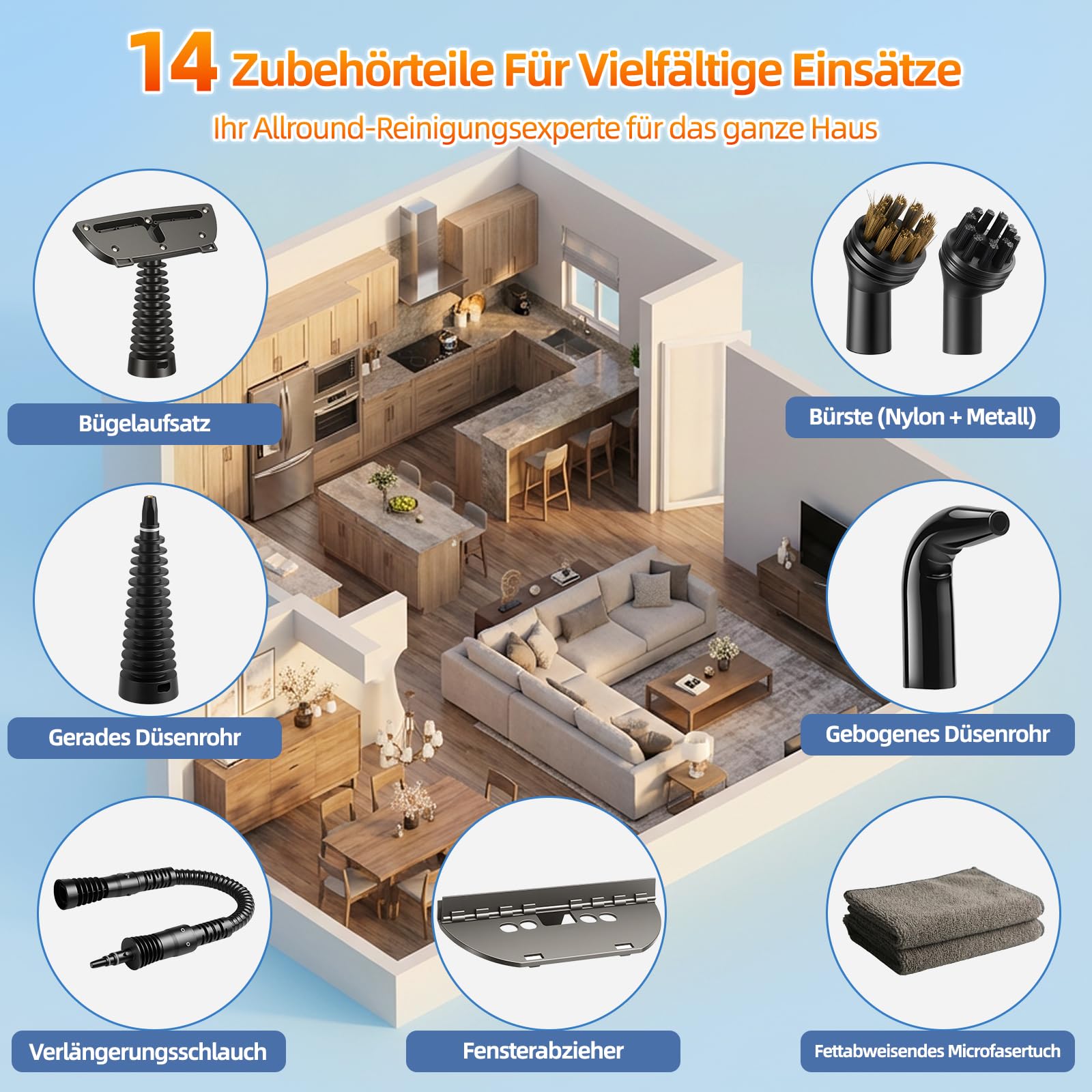 Dampfreiniger,Handdampfreiniger für das Haus Mehrzweck mit 14-teiligem Zubehör,3 Bar Dampfdruck 350ML 1200W chemikalienfreier Dampfreiniger,Reinigung von Küche,Böden, Fliesen, Sofas