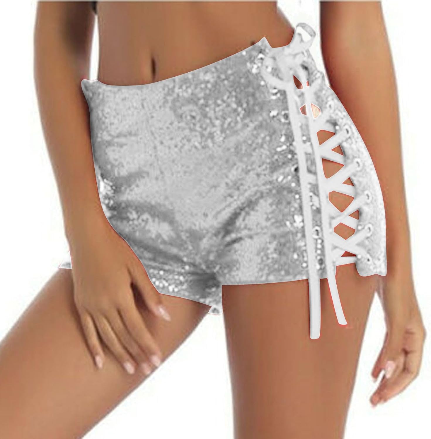 Women's Sparkle Sequin Shorts Shiny Slim Fit Side Mini Shorts Hollow Out Lace Up Low Rise Holiday Party Outfits