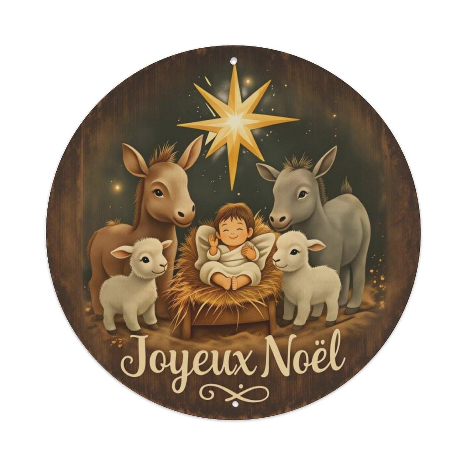Cartoon Nativity French Christmas Round Decor Sign Vintage Aluminium Metal Sign, Retro Wall Decor for Home, Bar, Garage & Farmhouse 20x20cm