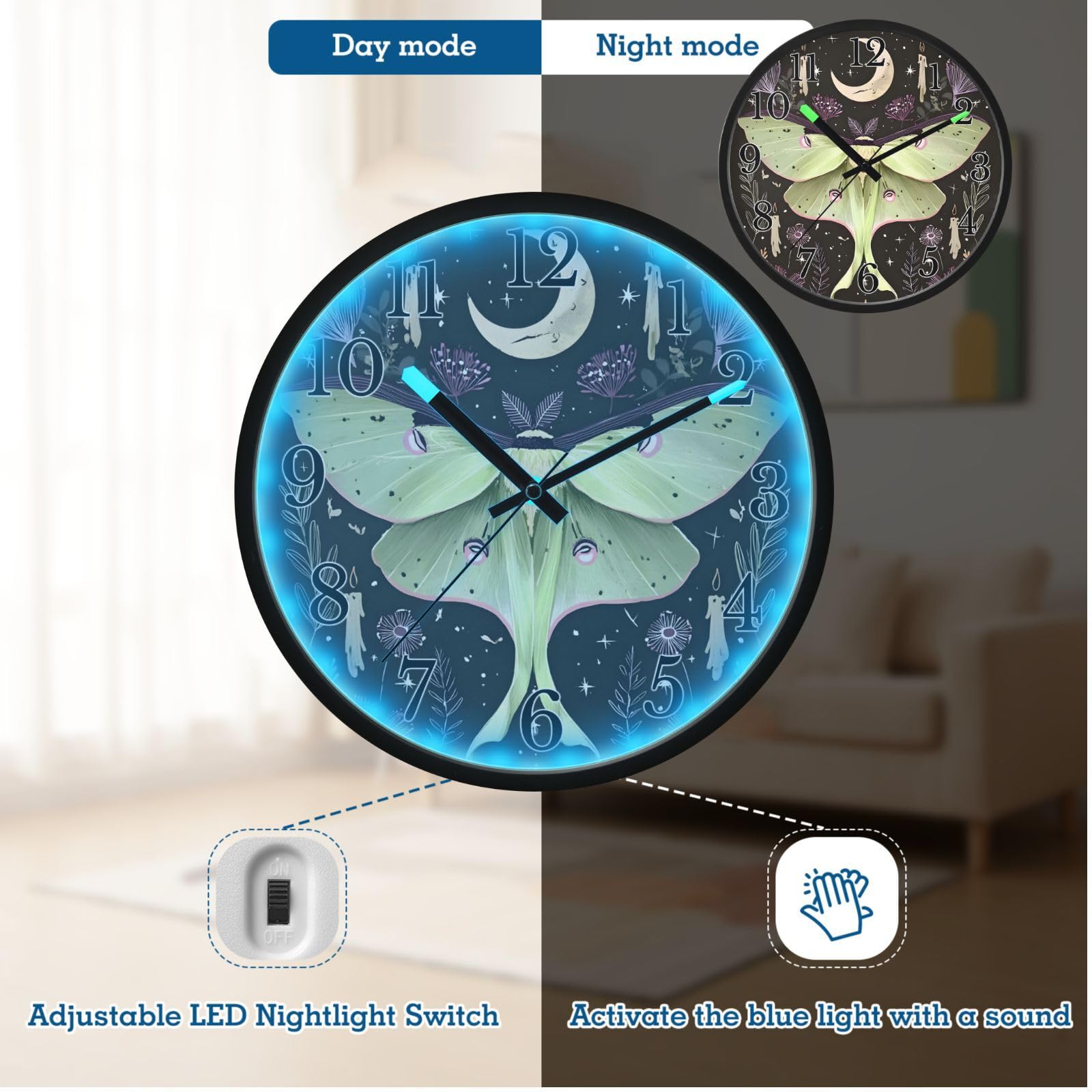 Mnsruu Reloj de pared luminoso verde luna, polilla, flores, estrellas, reloj de pared que brilla en la oscuridad, funciona con pilas, 12 pulgadas, silencioso, sin tictac, luz nocturna para dormitorio