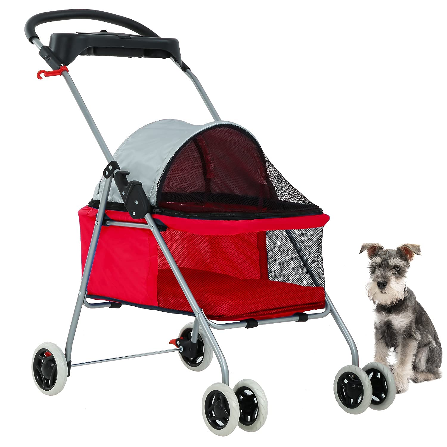 HGS Pet Cat Dog Stroller 4 Wheels Jogger Puppy Travel Carrier Portable Doggie Cage Strolling Cart with Cup Holders, 35Lbs Capacity Folding Waterproof