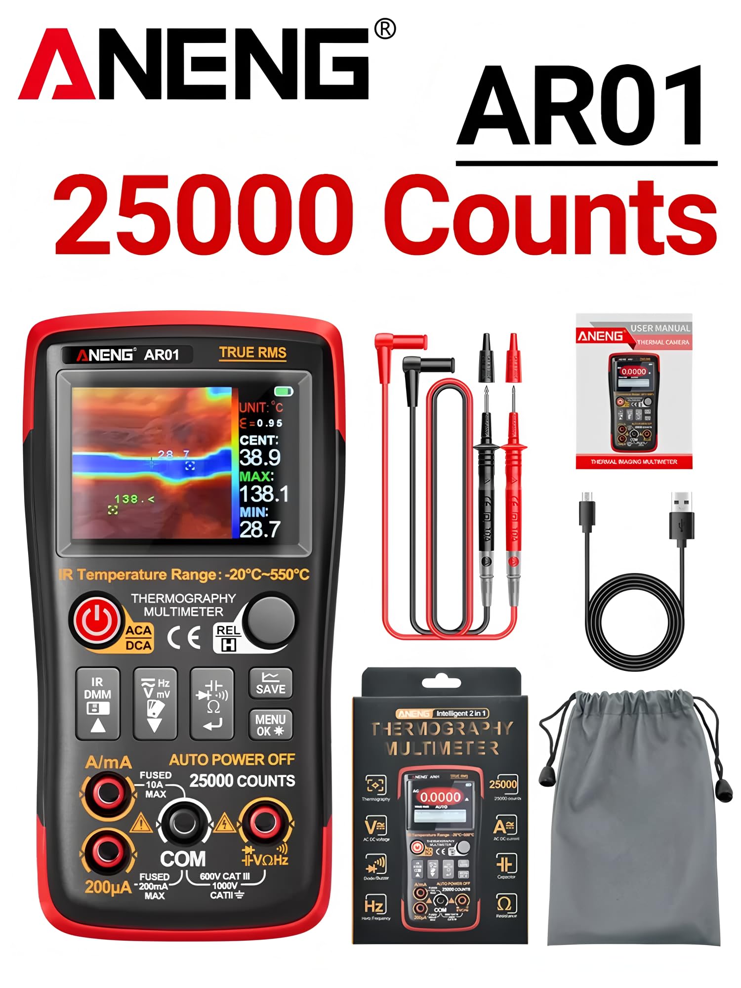 Strumenti di Test con Display TFT Multimetro 250MΩ Tester 25000 Conteggi Carica Tipo-C USB Multimetri a Immagini Termiche (AR01)