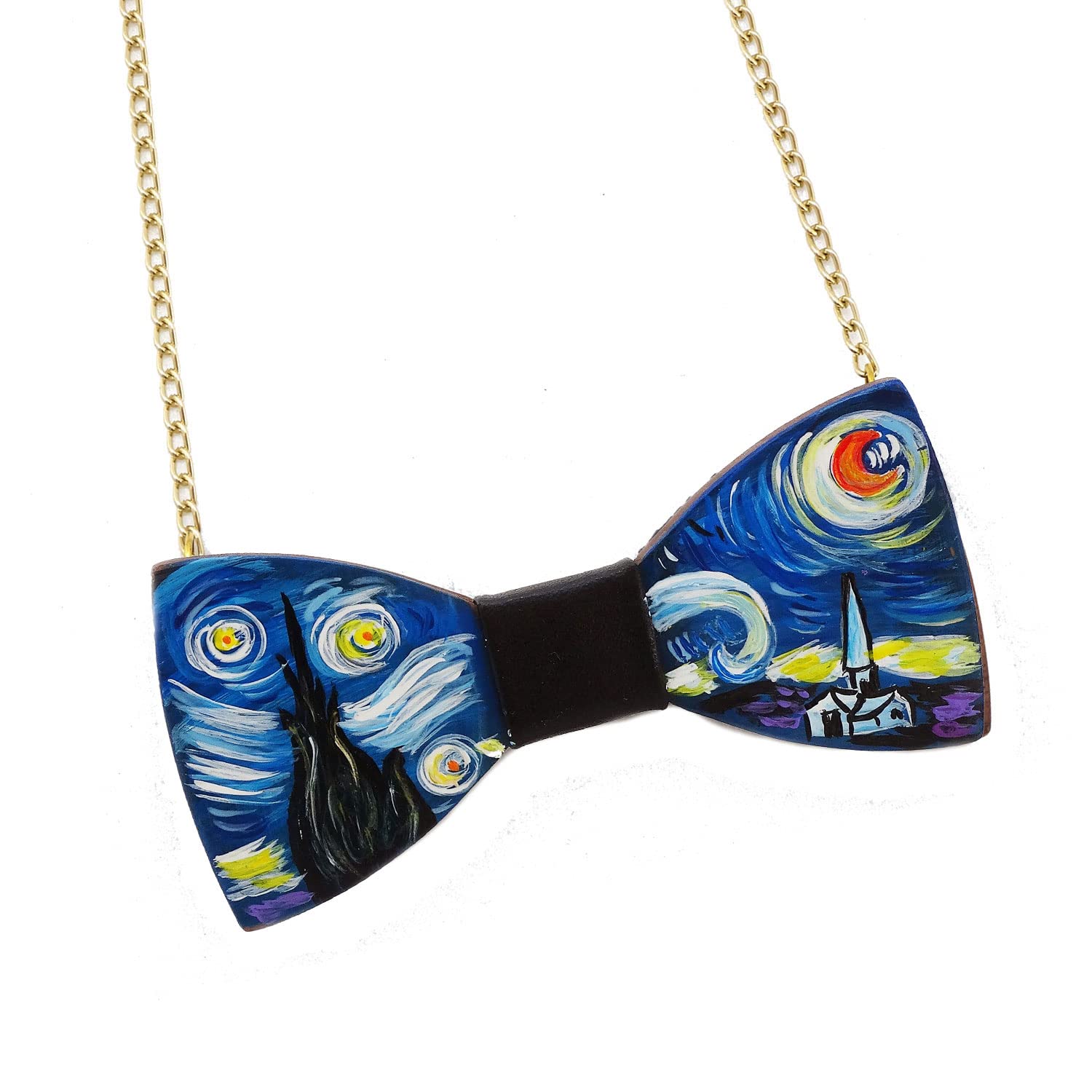Collar con colgante pintado a mano – La noche estrellada, cuadro famoso – Collar con colgante pintado a mano, medallón de madera pintado a mano, joya elegante en madera totalmente pintada