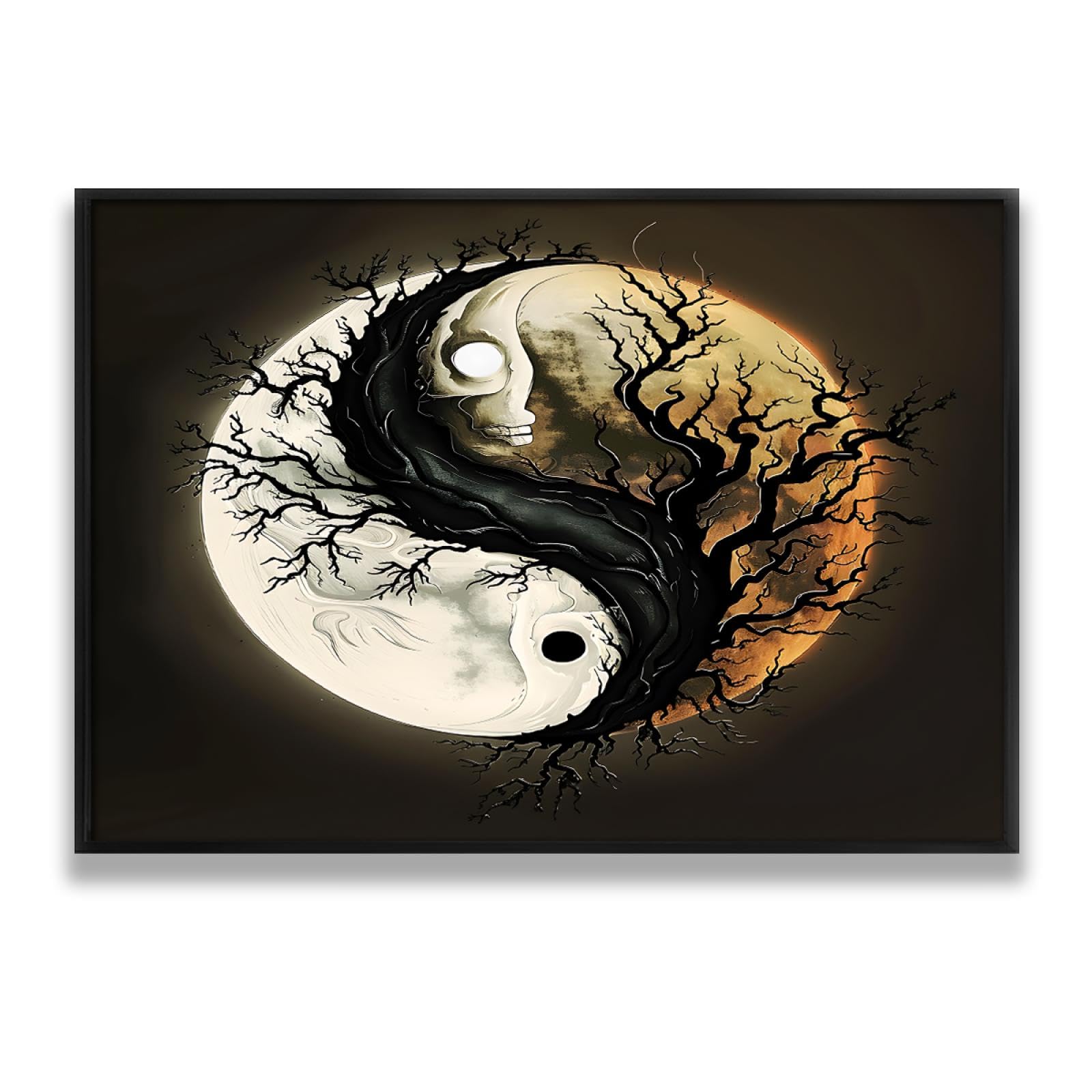Via Vela Thème Halloween impression sur toile art mural rétro Yin Yang thème arbre mort crâne fantôme modèle affiche peinture image œuvre d’art pour bar décor intérieure 66x102cm avec-cadre-noir