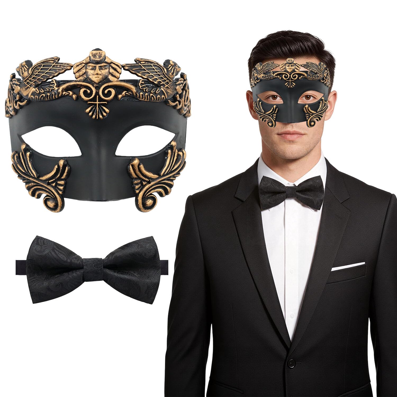 Kecartu Masquerade Mask for Men, Greek Roman Venetian Half Face Mask，Mardi Gras Mask with Bow Tie for Masquerade Ball Halloween Cosplay Costume Parties, Black Bronze — image 1