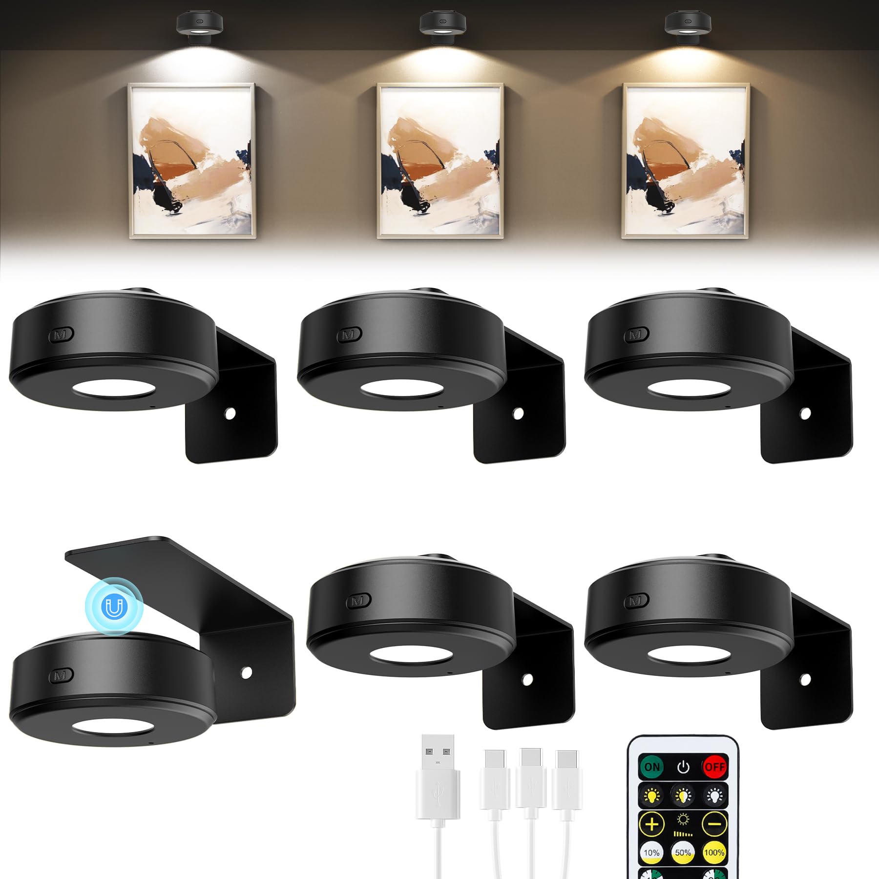 Lightbiz 6 Pack Wireless Picture Light for Wall，Rechargeable Painting Lights, Magnetic Wall Light, Remote, Dimmable 3 Colors, Timer, Battery Powered Art Lights for Paintings - Black