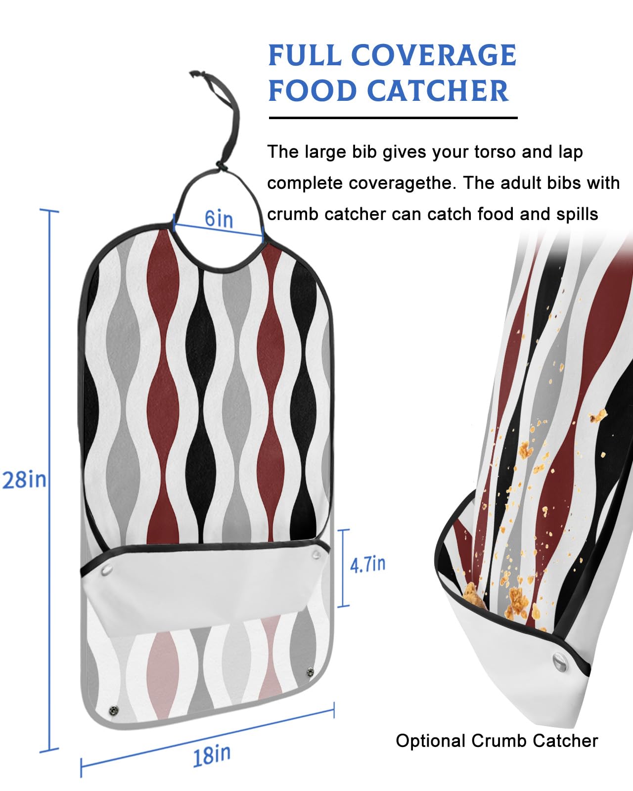 Black Red Striped Adult Bibs for Eating, Waterproof Bibs with Food Catcher & Adjustable Snap Closure, Middle Century Abstract Art Aesthetics Clothing Protectors Adult Bibs for Elderly Women/Men