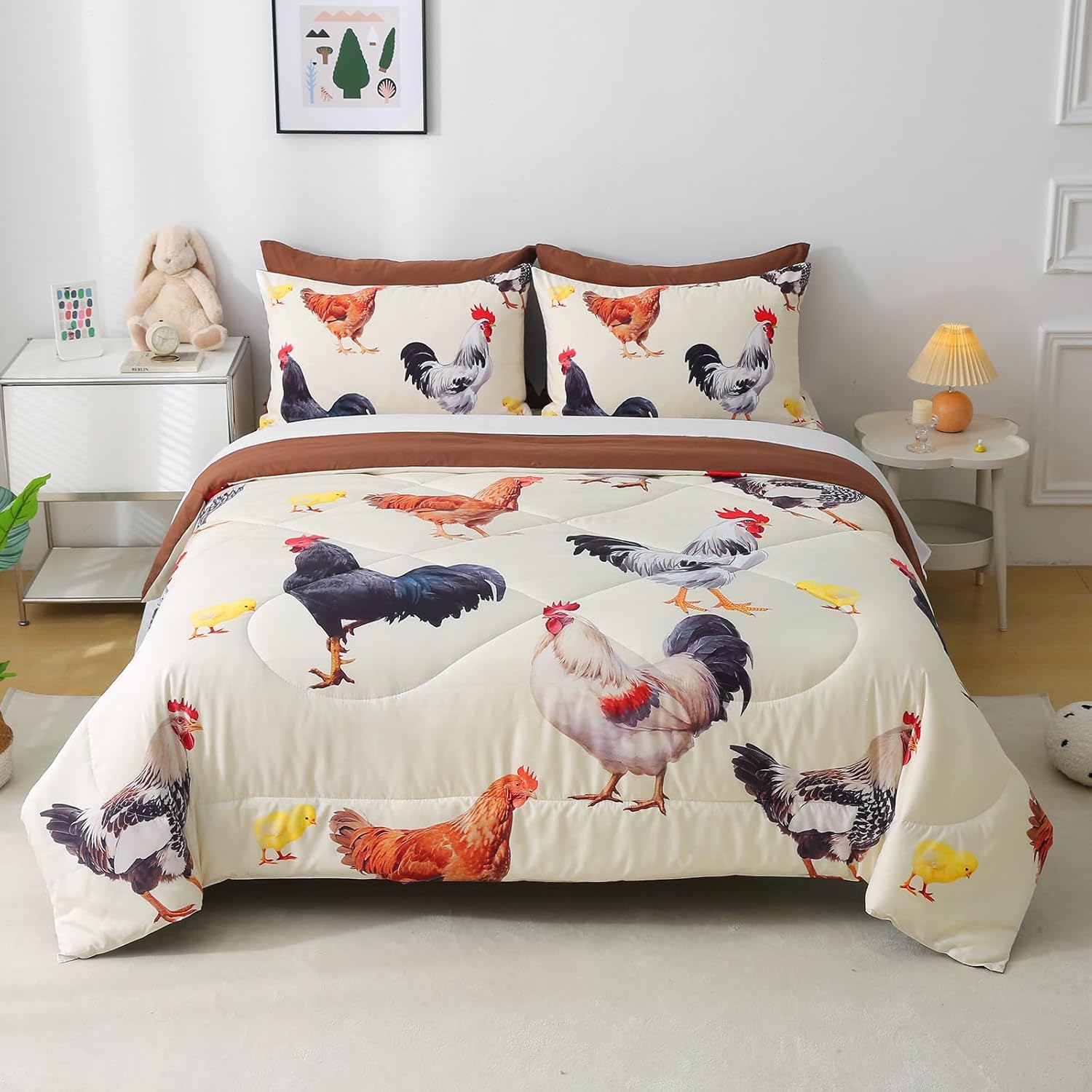 Wajade Chicken Comforter Set 7 Pcs Animal Theme Bedding Set Queen Size for Kids Adults Chicken Quilt Farm Theme Printed Pattern for Thanksgiving Birthday