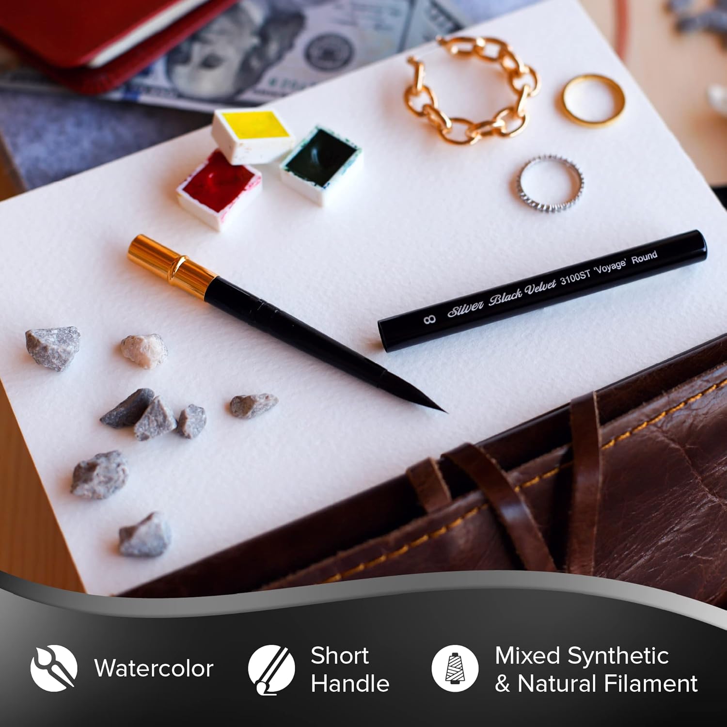 Silver Brush Limited 3100ST-8 Black Velvet Voyage Travel Brush Round Paintbrush for Watercolor, Gouache, Inks, & Dyes, Size 8, Short Handle