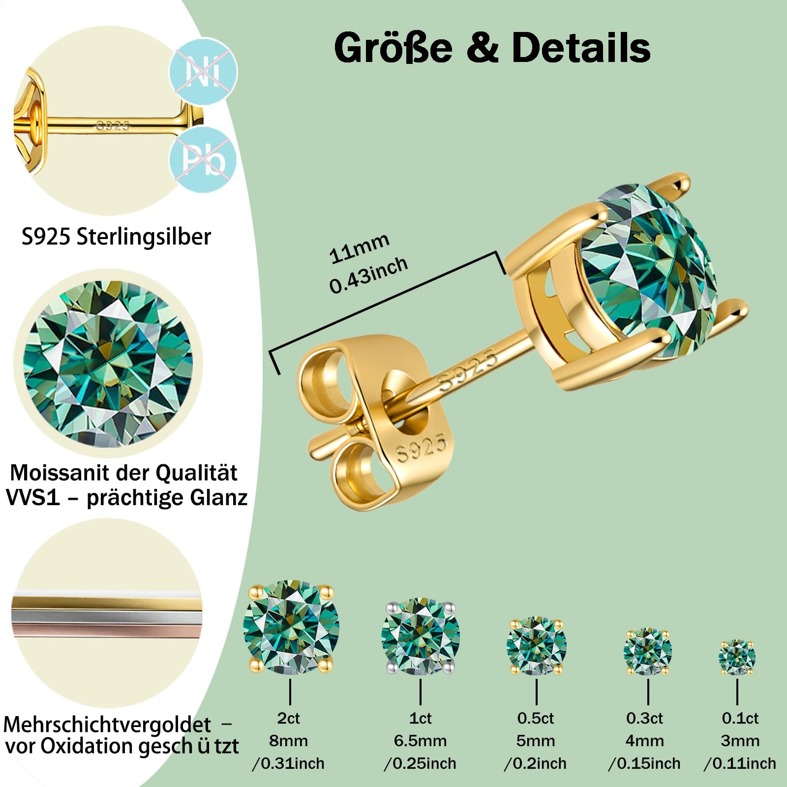 Ohrstecker mit farbigem Moissanit 0.2-4ct VVS1 für Damen, 925 Sterling Silber Ohrstecker 14K vergoldet, 4-Zinken-Design, hypoallergen für empfindliche Haut