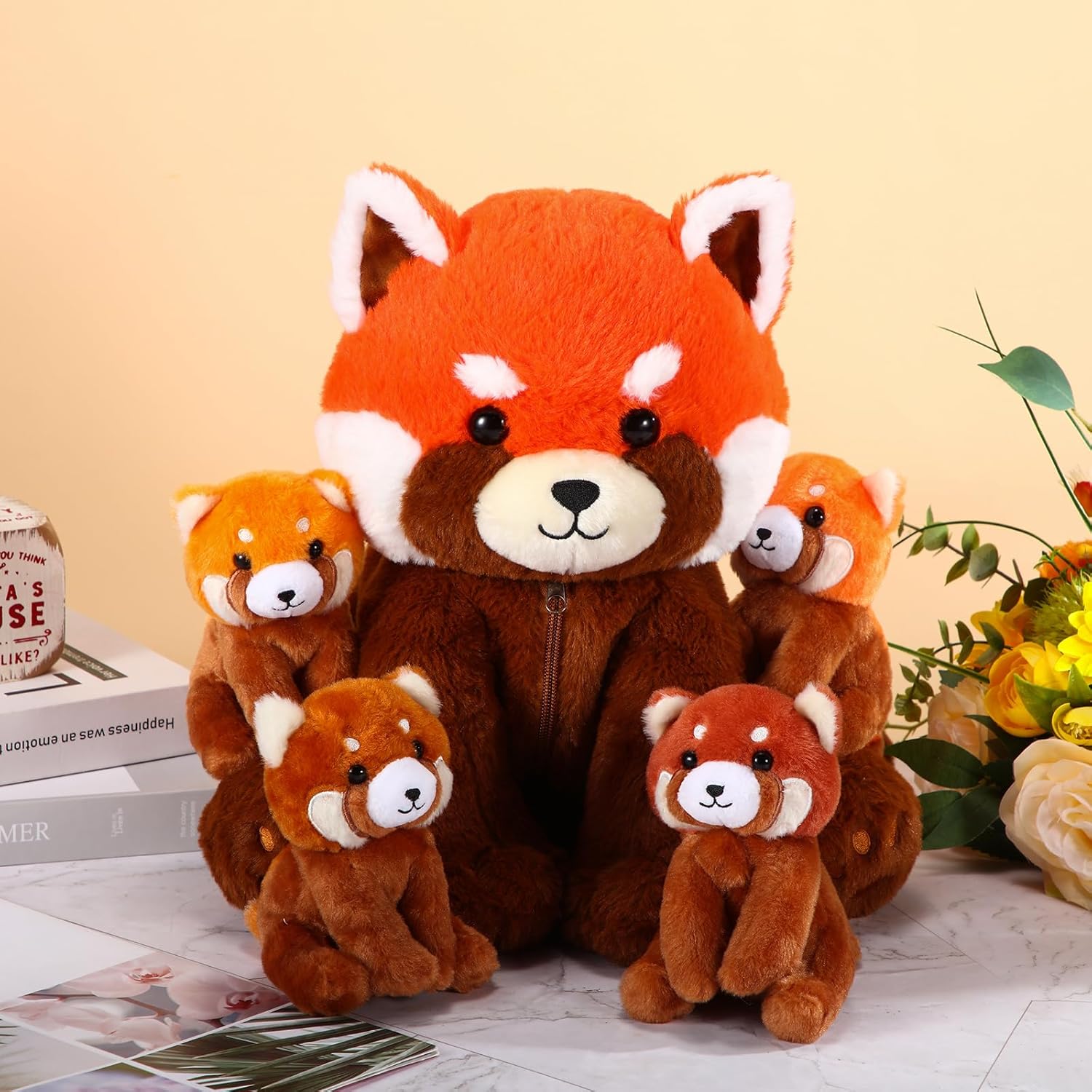 Syhood 5 Pcs Red Panda Stuffed Animal Toys Mother's Day Interactive Gifts Kids Kindergarten Family 13 Inch Mommy Plush Cute Babies in Her Belly Soft Fluffy Zippered for Boy Girl Birthday(Classic)