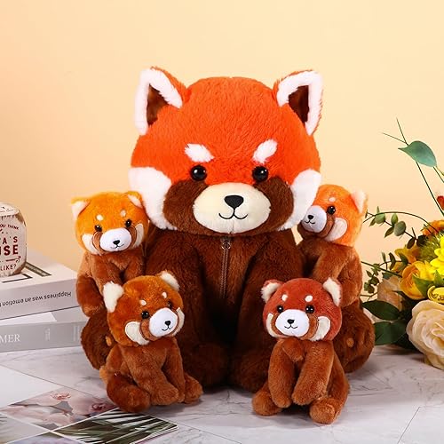 Miniatura 5 de Syhood Juego de 5 peluches de panda rojo de 13 pulgadas, mamá panda rojo con 4 lindos bebés en su vientre, peluche suave con cremallera para niños y