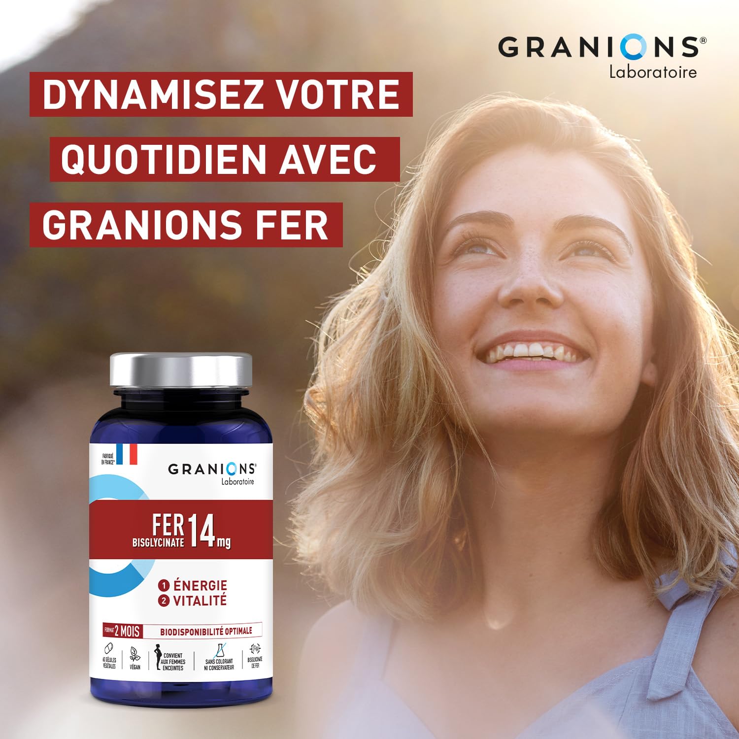 FER BISGLYCINATE 14 mg GRANIONS Immunité et Energie + Vitamines B – Bisglycinate de Fer – Fer Bisglycinate Biodisponibilité Optimale - Femmes Enceintes – 60 Gélules Format 2 Mois –Fabriqué en France