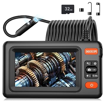 Dual Lens Endoscope Camera with Light, 1920P HD Borescope Camera with 4.3" LCD, 8 Adjustable LEDs, 16.4FT Semi-Rigid Cable & 32GB Card-IP67 Waterproof Inspection Borescope for Sewer/Drain/PipeBlack