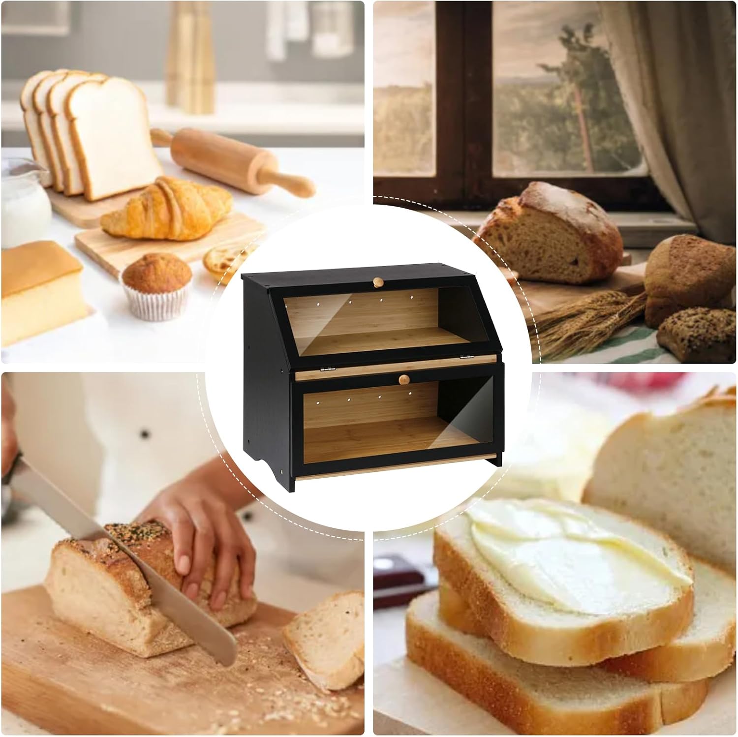 カウンターブレッドコンコンテナ | 2段 透明 アクリル 窓,キッチン用パン保存容器 | シリアル・フルーツ・スナック・乾物用 パン