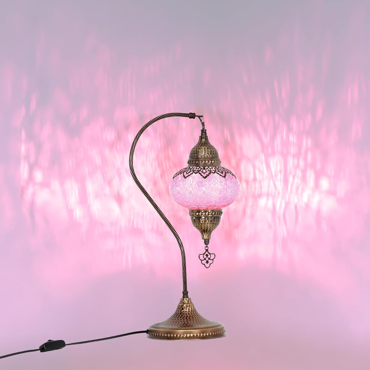 Turkish Mosaic Table Lamp - Green Moroccan Lamp with Antique Base - Perfect Boho Decoration for Bedroom Night Light, Vintage Turkish Lamps and Authentic Boho Decor (Pink)