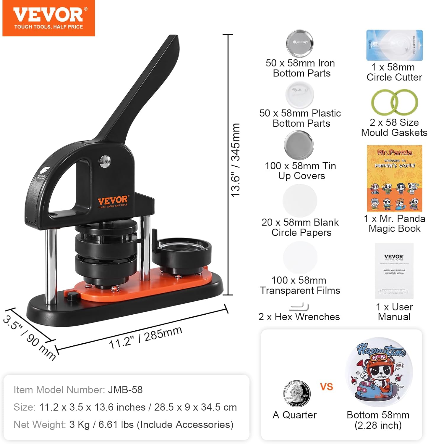 VEVOR Button Maker Machine, 2.25 inch/58mm Pin Maker with 100pcs Button Parts, Button Maker with Panda Magic Book, Ergonomic Arc Handle Punch Press Kit, for Children DIY Gifts and Christmas