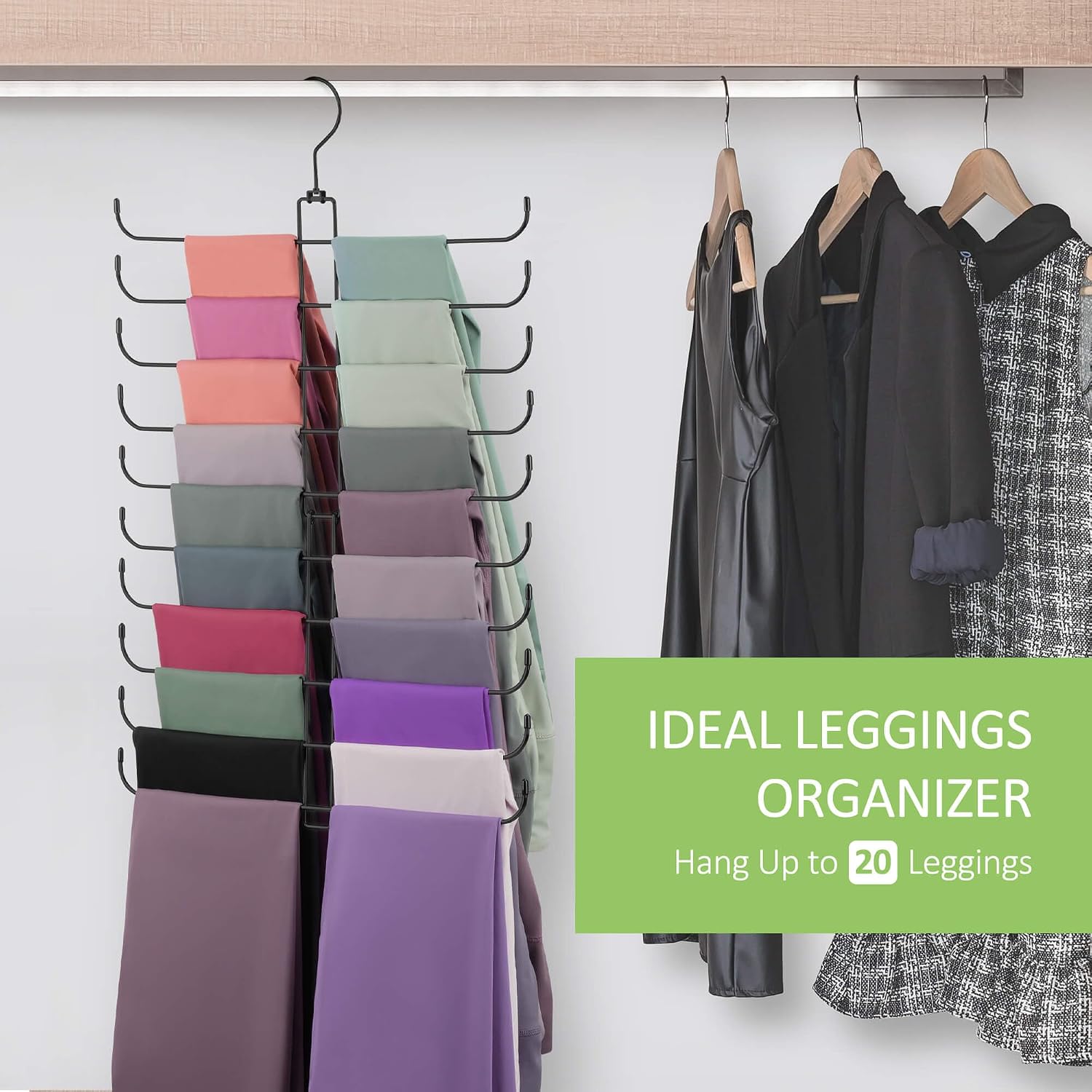 Legging Hanger, Metal Hanging Legging Hangers for Closet Organizer Holds 20 Women's XS-XL & Girls' Leggings, 360° Rotating Foldable Yoga Pants Hangers Space Saving, Black