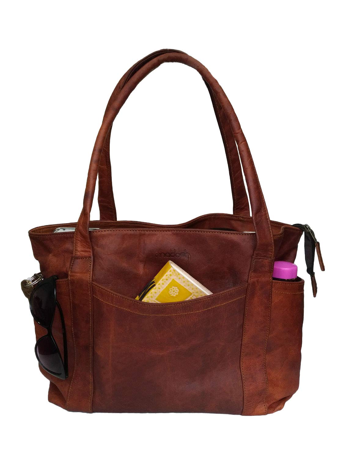 Vintage Genuine Leather Women's Tote Style Shoulder Handbag Valentine Gift Shopper Brown 16” Bag, Brown, Medium