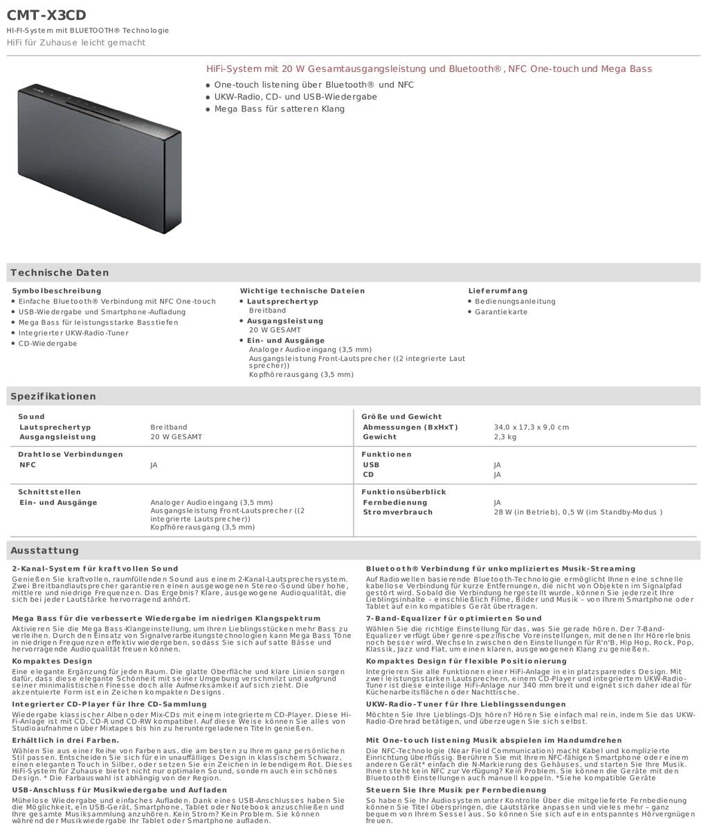 Sony cmT-X3CD Chaîne Hifi 20W Bluetooth/NFC, Noir, One size