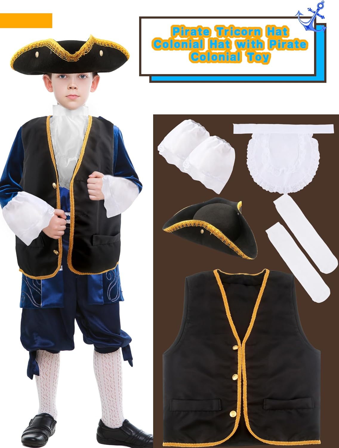 6 Pcs Kids Pirate Tricorn Hat Costume Set Pirate Colonial Vest Tricorn Hat White Colonial Lace Socks Lace Collar for Boys Halloween Masquerade Party Cosplay