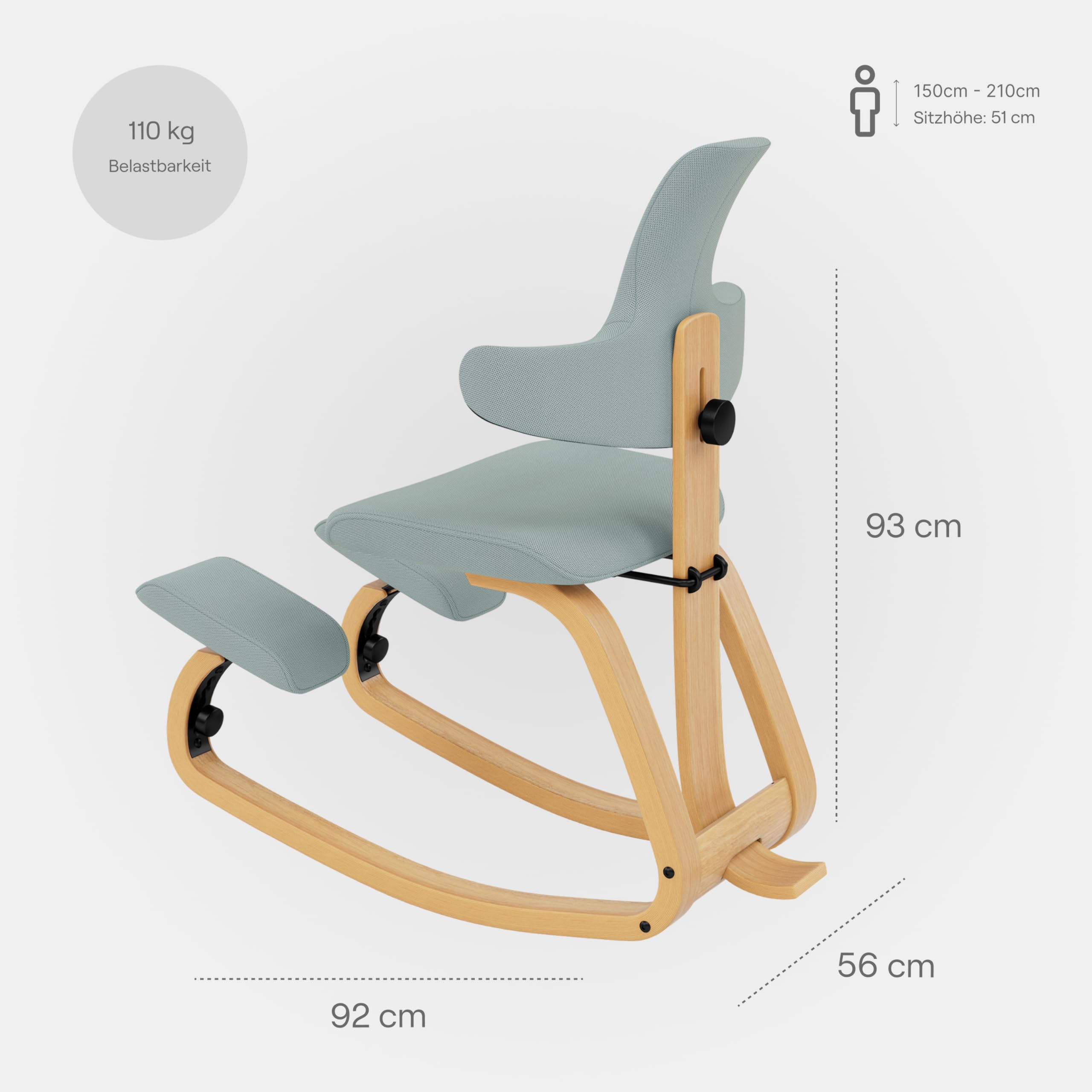Varier Thatsit Ergonomischer Kniestuhl mit Rückenlehne, höhenverstellbar | Premium-Kniestuhl mit verstellbarer Rückenlehne, Armlehnen und höhenverstellbaren Auflagen; mit Schaukelfunktion