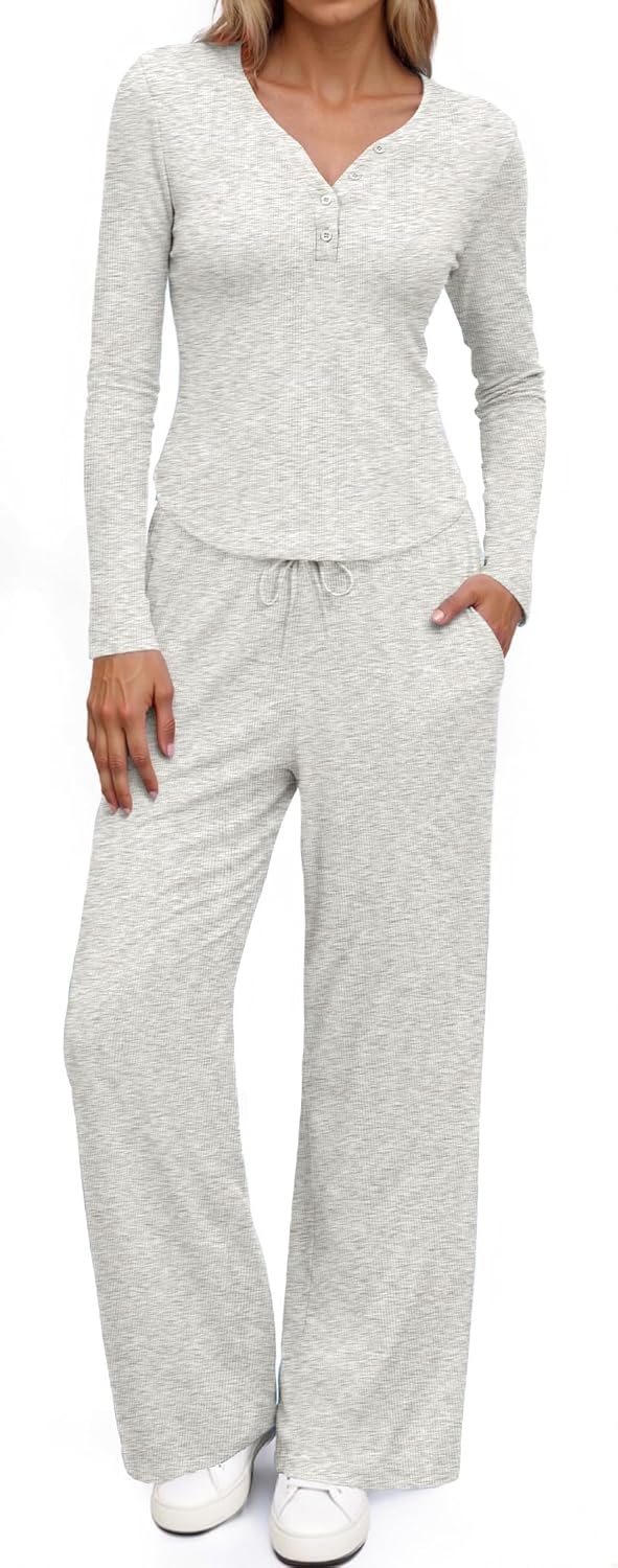 SHESHOW Lounge Sets for Women Button Down Long Sleeve Tops and Wide Leg Pants 2 Piece Sweatsuits Set Loungewear S-XXL