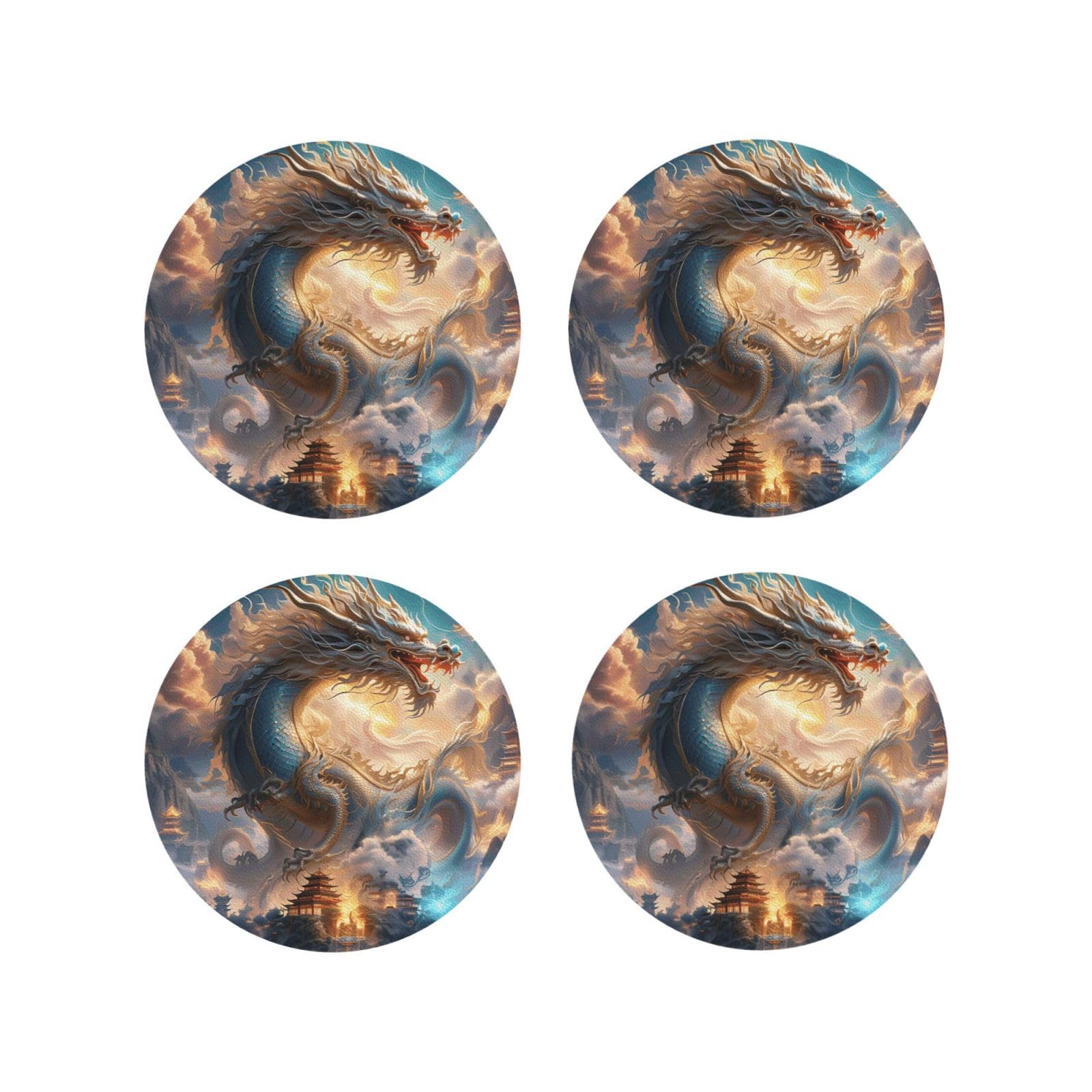 4Pcs PU Leather Coaster for Drinks, Dragon in the Heavenly Palace Cup Coastersr 4" Cup Mat Pad, Aesthetic Drink Coasters for Coffee Table, Round Shape Coaster for Tabletop Protection