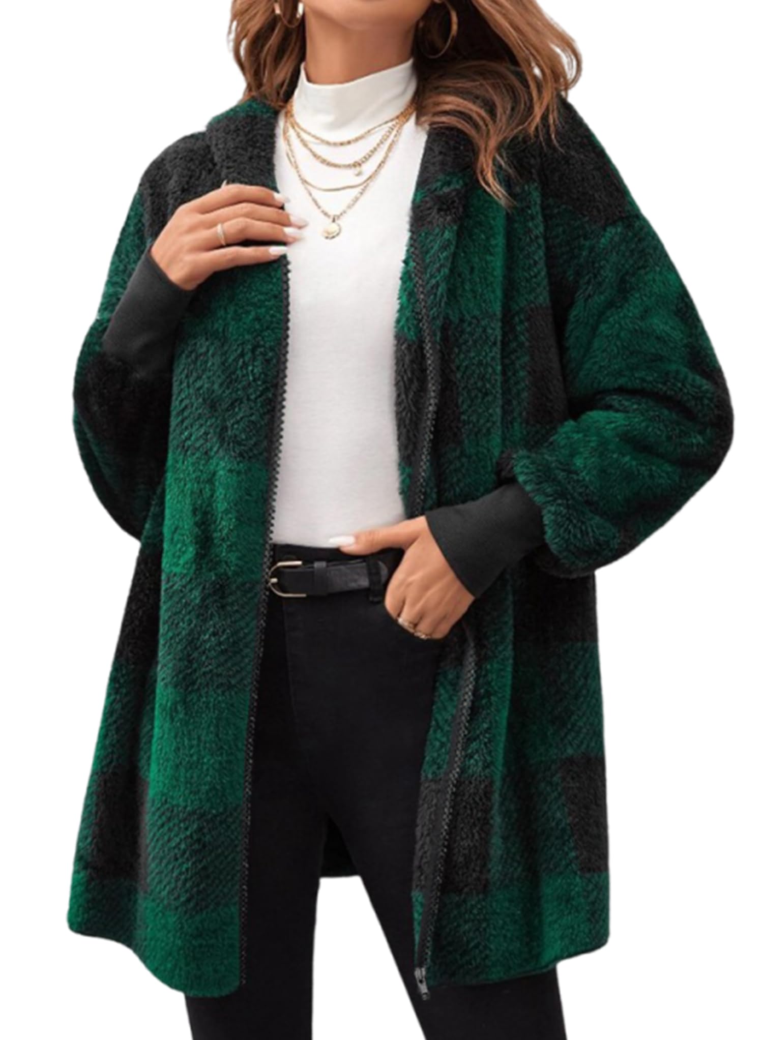 Ranphee Sudaderas Mujer con Capucha Invierno Larga Polar de Cuadros Abrigos Cremallera