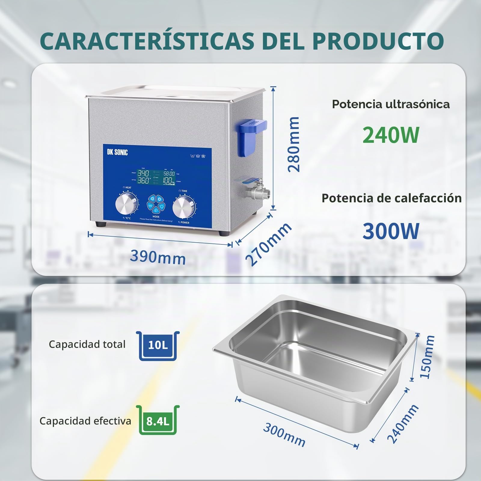 DK SONIC Limpiador Ultrasónico de 10L, 240 W, Limpiador Ultrasónico Comercial con Temporizador Mecánico Inteligente, Calefacción y Cesta, Múltiples Funciones para Carburador, Motores de Motocicleta