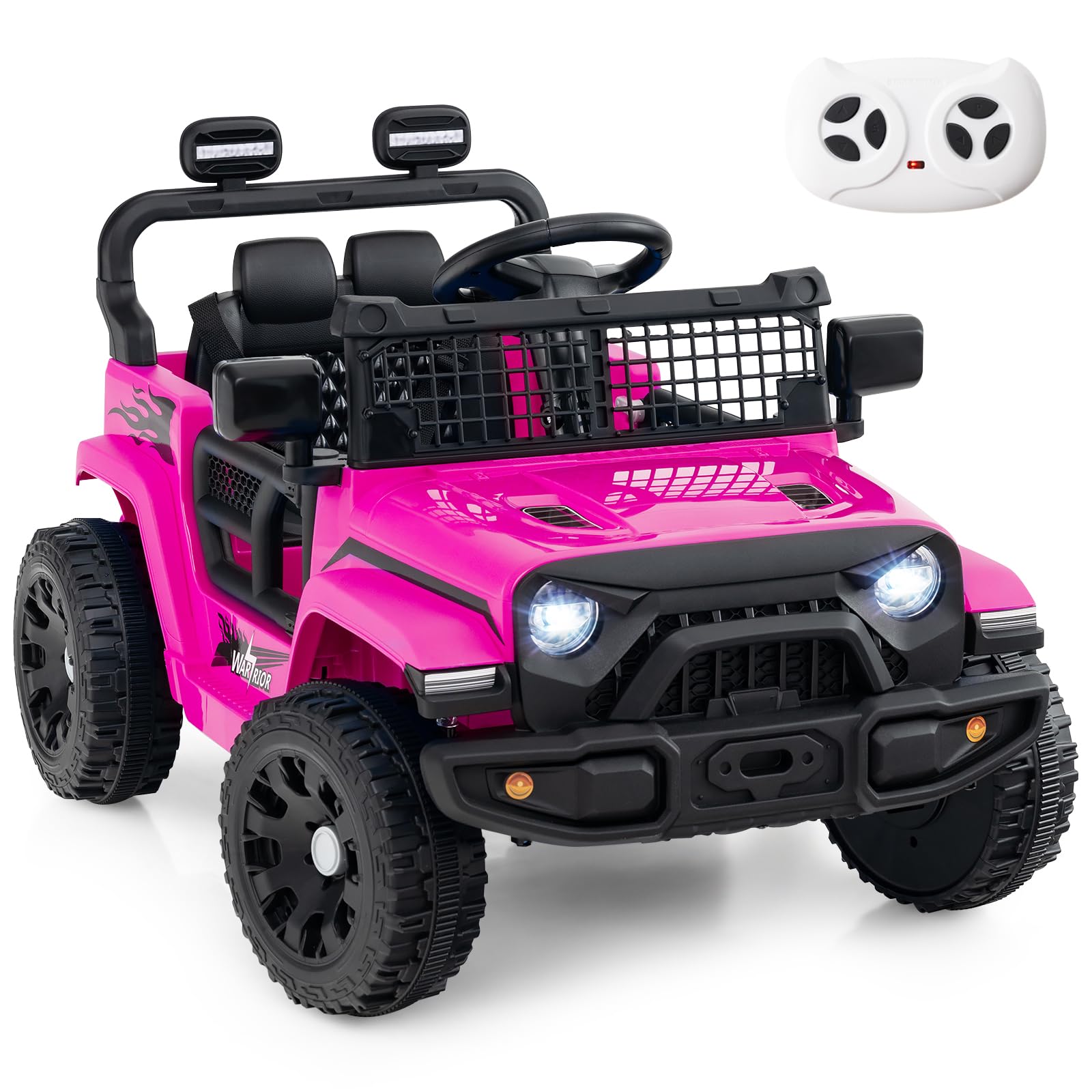 Maxmass 12V Kids Electric Ride on Car, Battery Powered Toy Car with Remote Control, LED Lights, Music, Horn, Slow Start, 2 Motors Children Electric Vehicle Off Road Truck for 3+ Years Old (Pink)