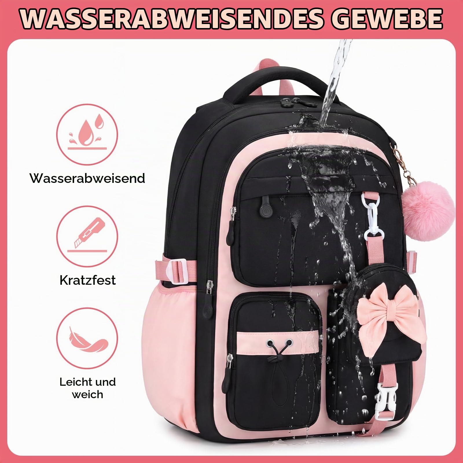 Amythe Schulrucksack Mädchen für 1. - 5. Klasse mit Reflektor | Schultasche Mädchen Rucksack Schule fur Teenager Grundschule Mittelschule, Lässiger Rucksack mit Geldbörse