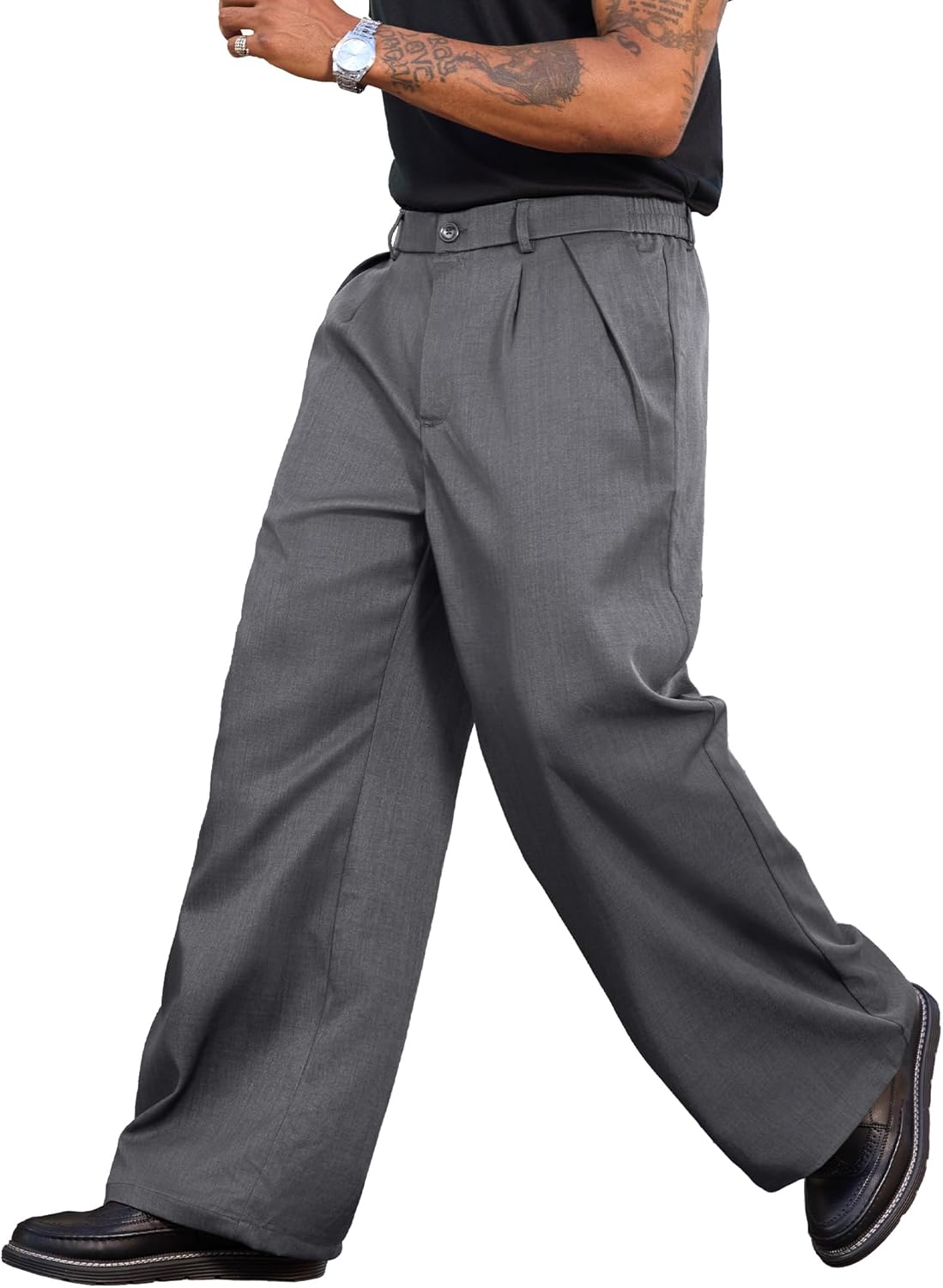 PLEPAN Men's Wide Leg Dress Pants Baggy Pleated Casual Trousers Relaxed Fit Elastic Waist Business Slacks - Image 2