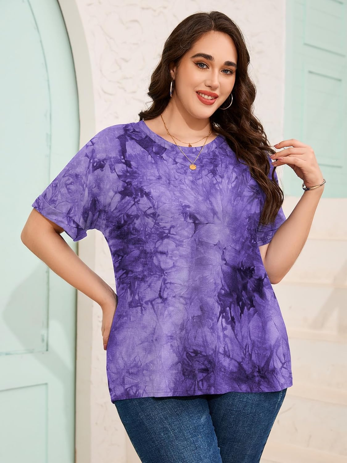 LARACE Plus Size Tunic Tops for Womens Summer Shirts Roll Up Short Sleeves Blouses Loose Fit Tee Shirts Womens Casual Tops - Image 3
