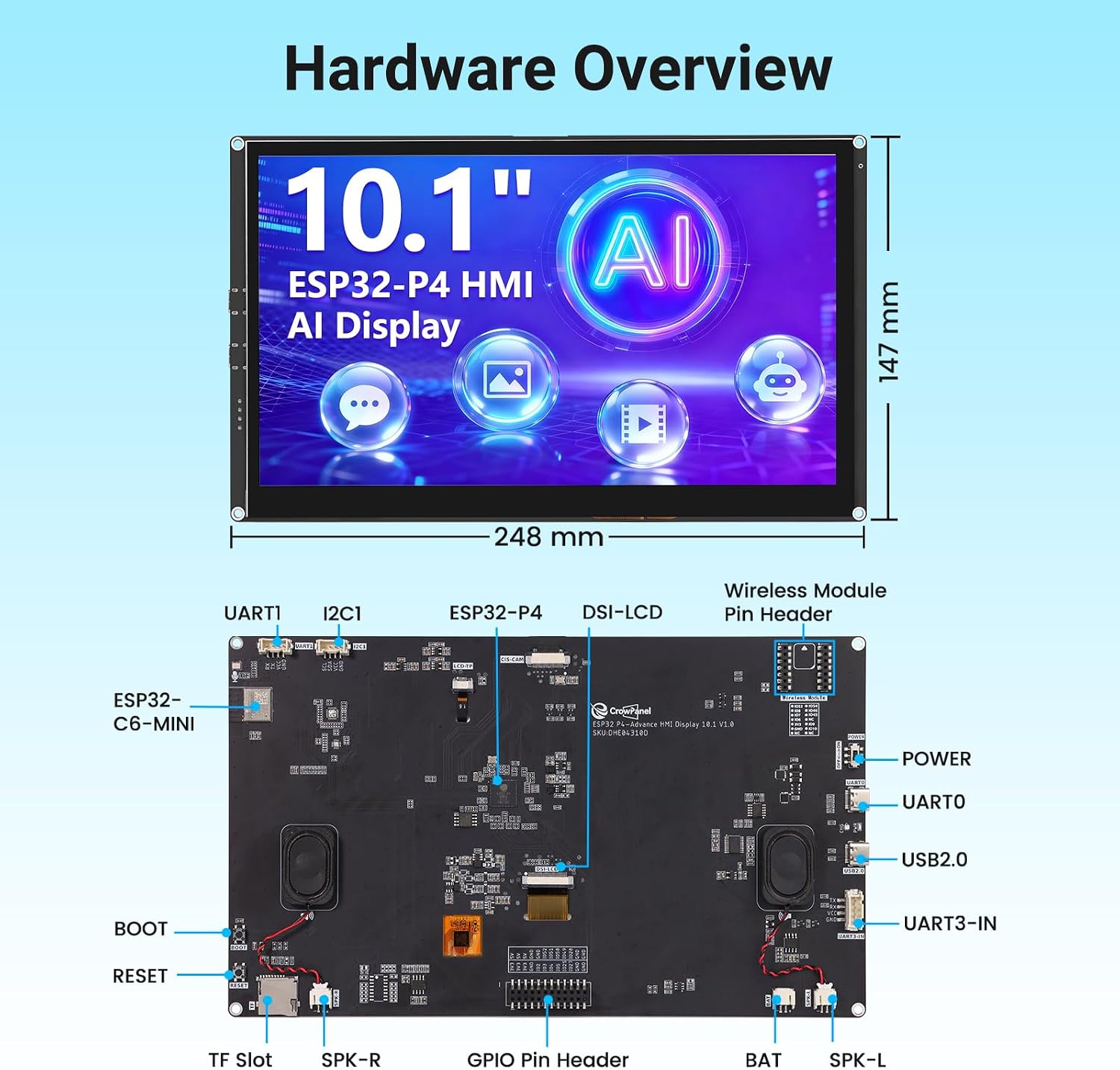 10.1 Inch ESP32-P4 Display IPS Touch Screen WIFI6 Dev Board | Based on ESP32-P4 & ESP32-C6, Up to 400MHz, 1024x600 Resolution, Support Wi-Fi 6, Bluetooth 5.3 (BLE), AI Speech Interaction