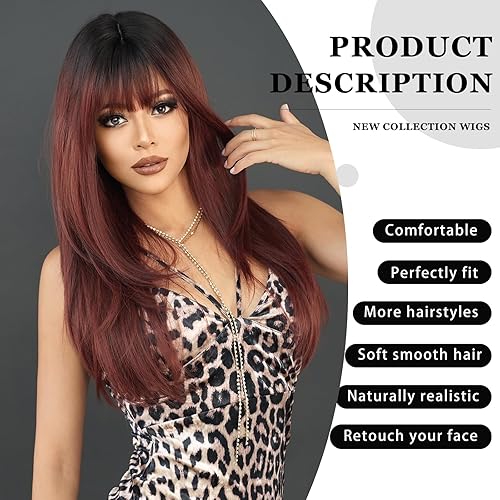 Miniatura 2 de PARK YUN Peluca larga y lacia de color rojo vino con flequillo, peluca de 26 pulgadas, color borgoña, con raíces oscuras, aspecto natural, color