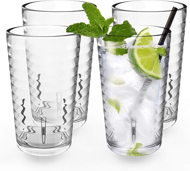ALIMOTA Plastic Glasses 385ml Stackable Set of 4, Dishwasher Safe Tumblers Cups Acrylic Drinking Glasses, Water Juice Cocktail Glasses Camping Portable Cups Picnics BBQs Parties and Kid Cups (Clear)