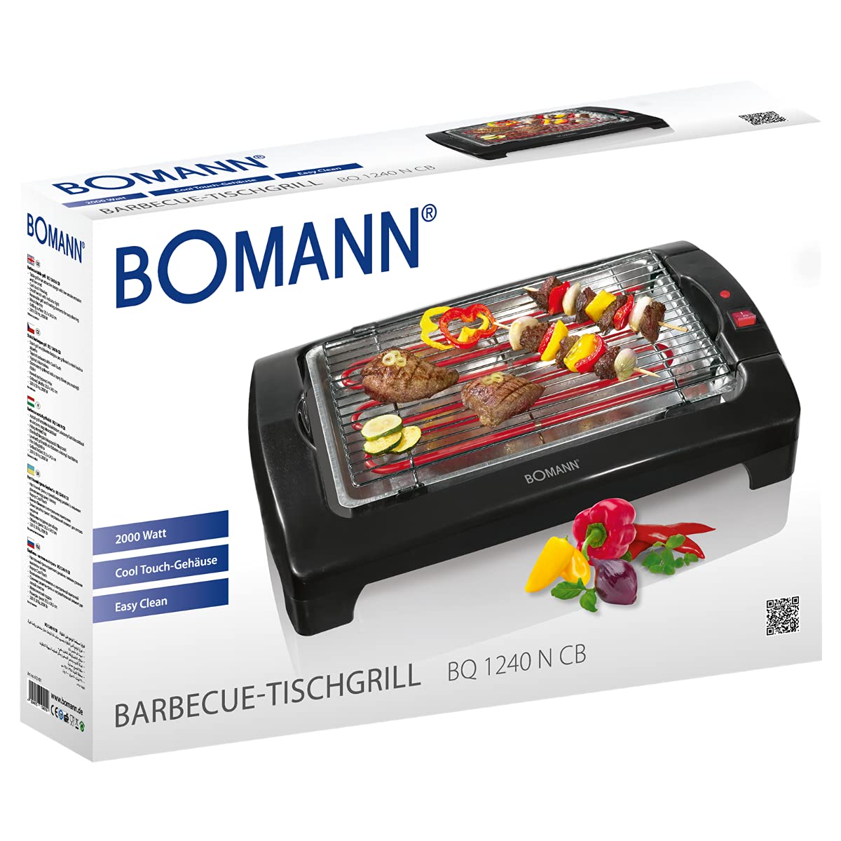 Bomann BQ 1240 N CB - Barbacoa eléctrica, parrilla cromada de 35,5 x 24,5 cm, 2000 W