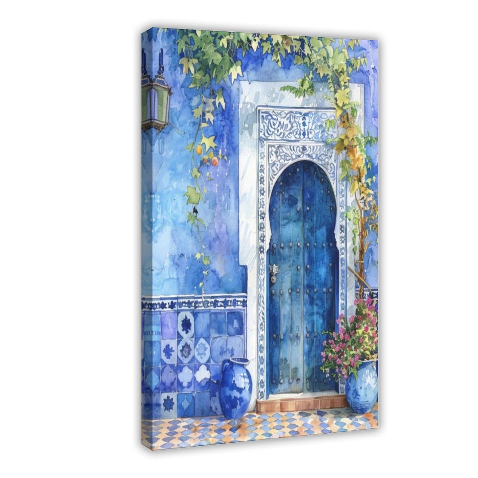 Utgn Moroccan Blue Door Painting Canvas Poster Bedroom Decor Landscape Decor Gift 20X30inch(50X75cm)
