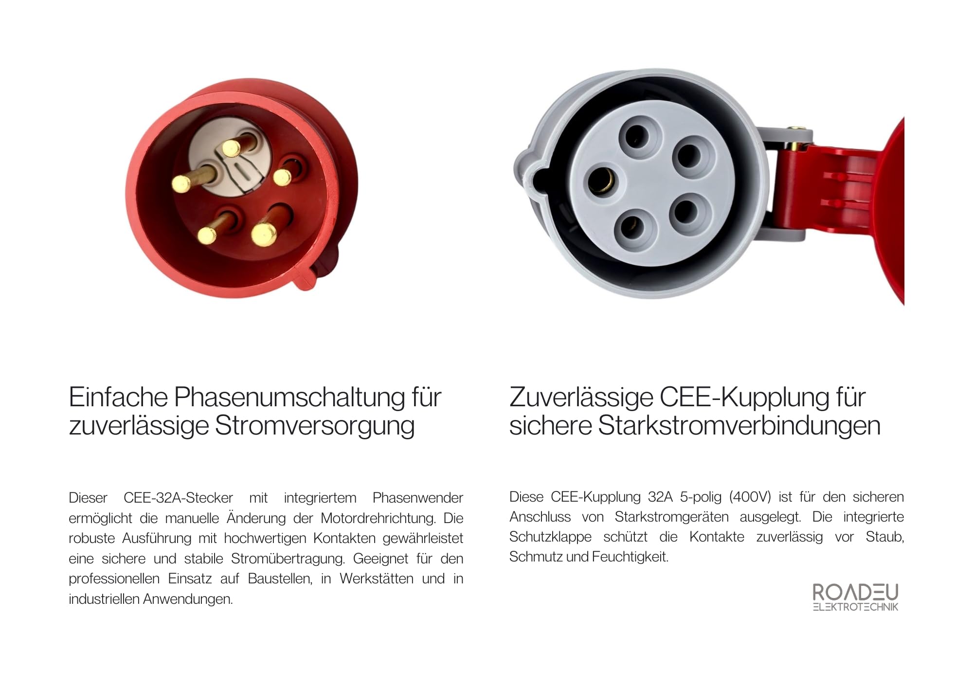 RoadEu - CEE Adapter 32A auf 32A mit Phasenwender – Starkstrom Verlängerung 32A Stecker auf Kupplung – 0,5m Gummikabel 5x4mm² – Industrie & Baustelle – IP44
