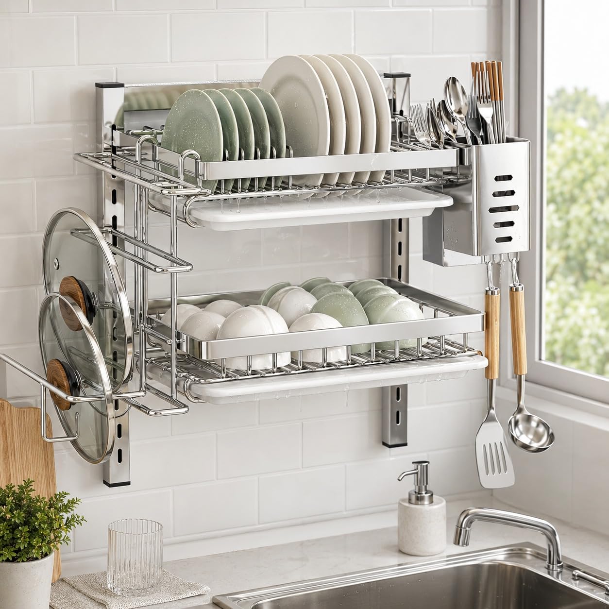 Escurridor de platos colgante de 2/3 niveles, escurridor de pared ajustable con escurridor, ganchos y soporte para cubiertos, práctica instalación sin taladrar (tamaño: 2 capas)