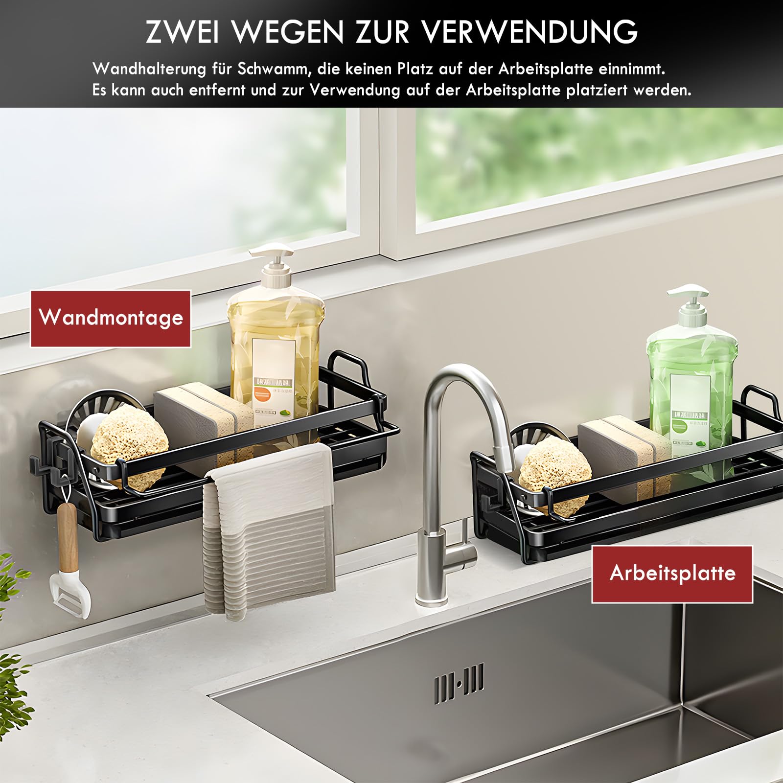 Porte-éponge Pour évier De Cuisine Avec Plateau De Drainage Automatique, Organiseur D'évier De Cuisine Avec Porte-brosse, Séparateur De Vaisselle En Acier Inoxydable 304, Distributeur De Savon