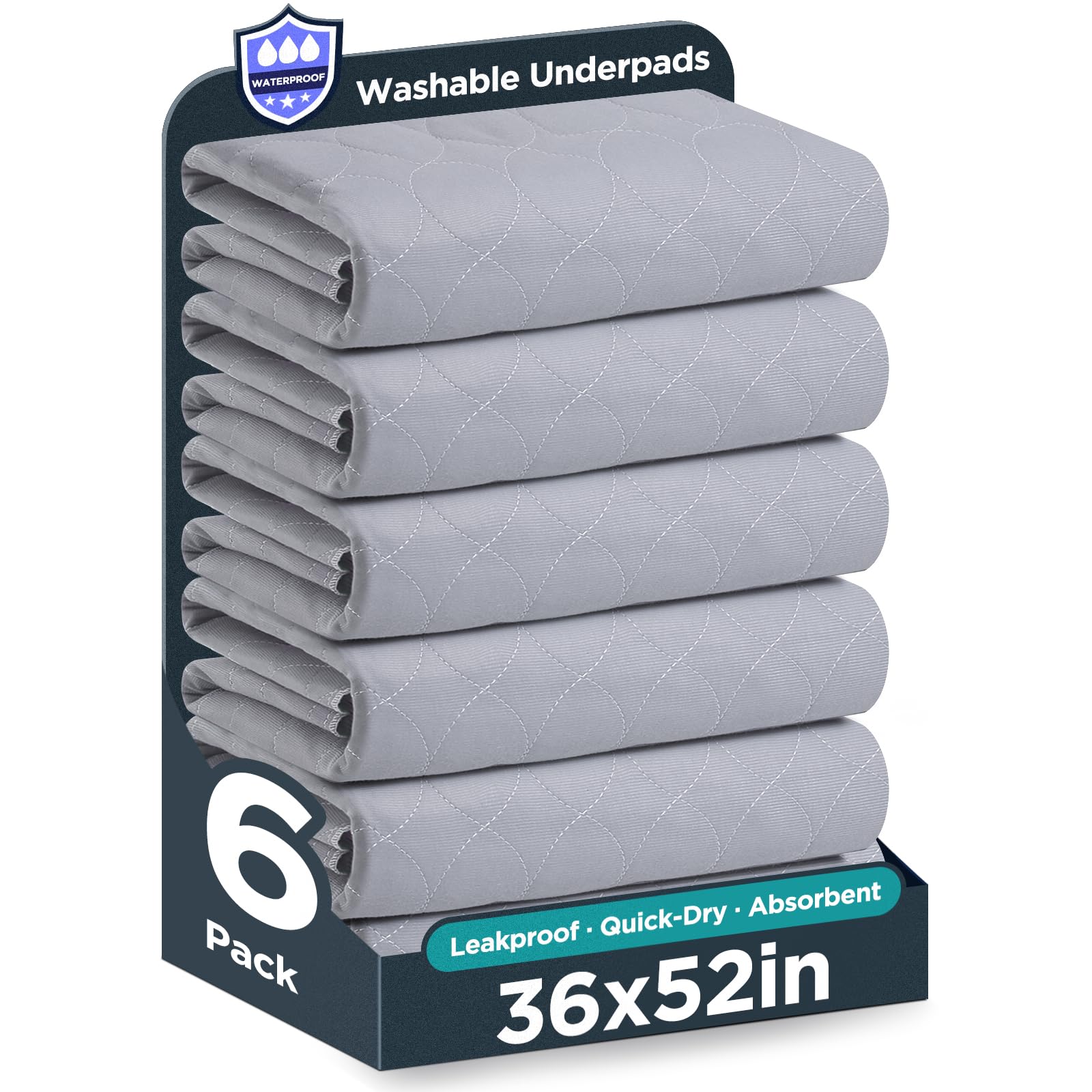 Washable Bed Pads 36" x 52" - 6 Pack, Grey, Waterproof Bed Pads for Incontinence, Bed Wetting Pads for Bed, Sofa, Floor, Resuable Underpads for Adults, Seniors, Pet