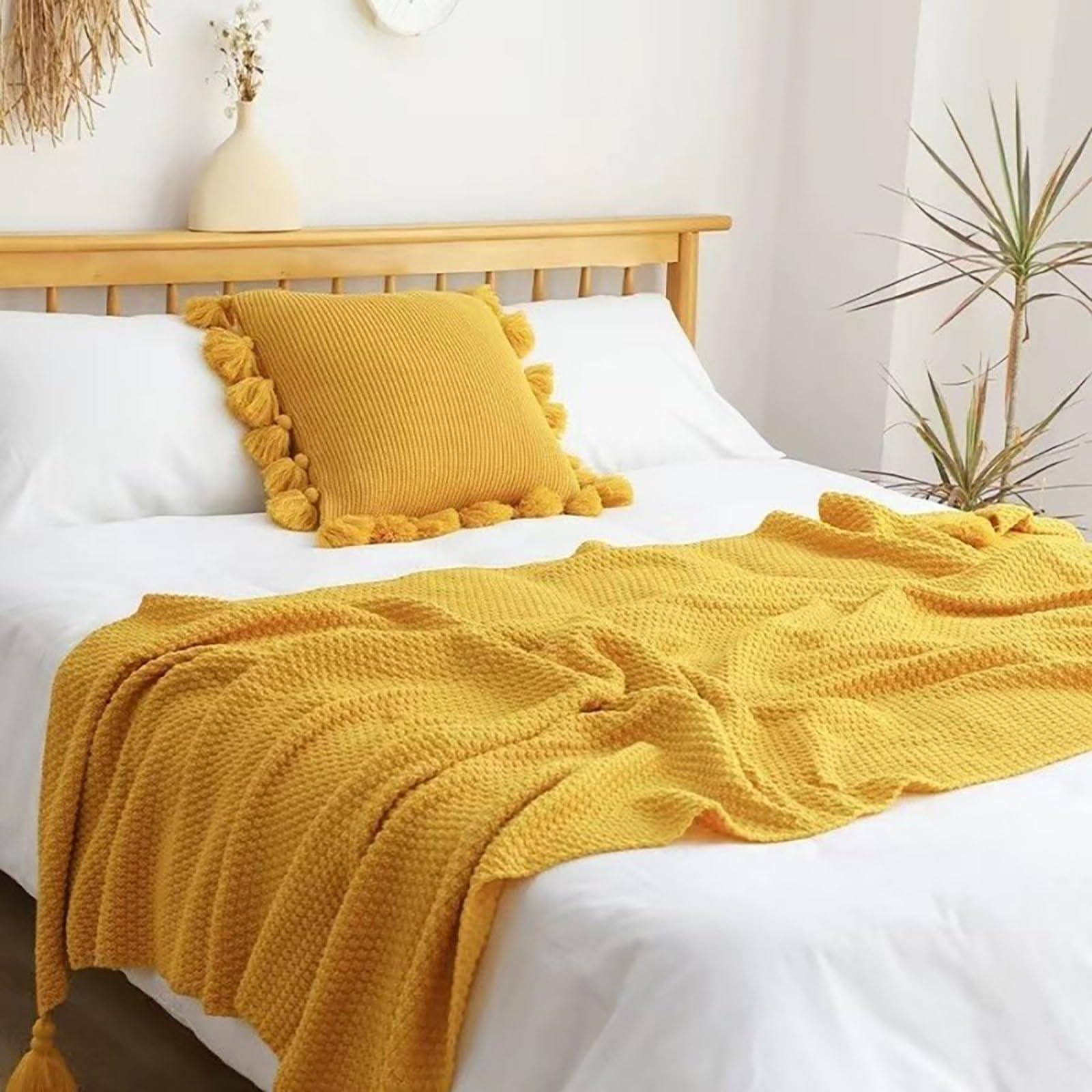 LRUPVEGLRUPVEG Hotel Bed Runners King Size, Bed End Throw Blanket, Solid Knitted Scarf Of Foot For Bed, Nap Scarves For Home Living Room Decor Sofa Bed Double(Yellow,45x45cm Pillowcases)